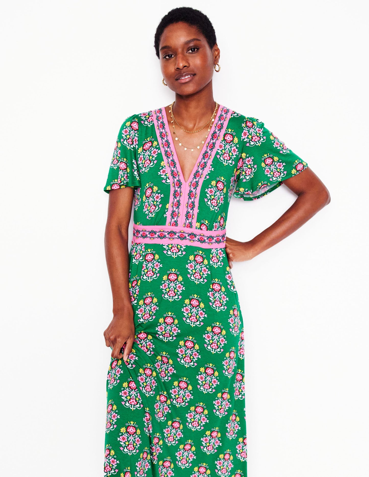 Robe longue style 40s Ellie à manches aériennes-Émeraude profond, motif Wildflower Stamp