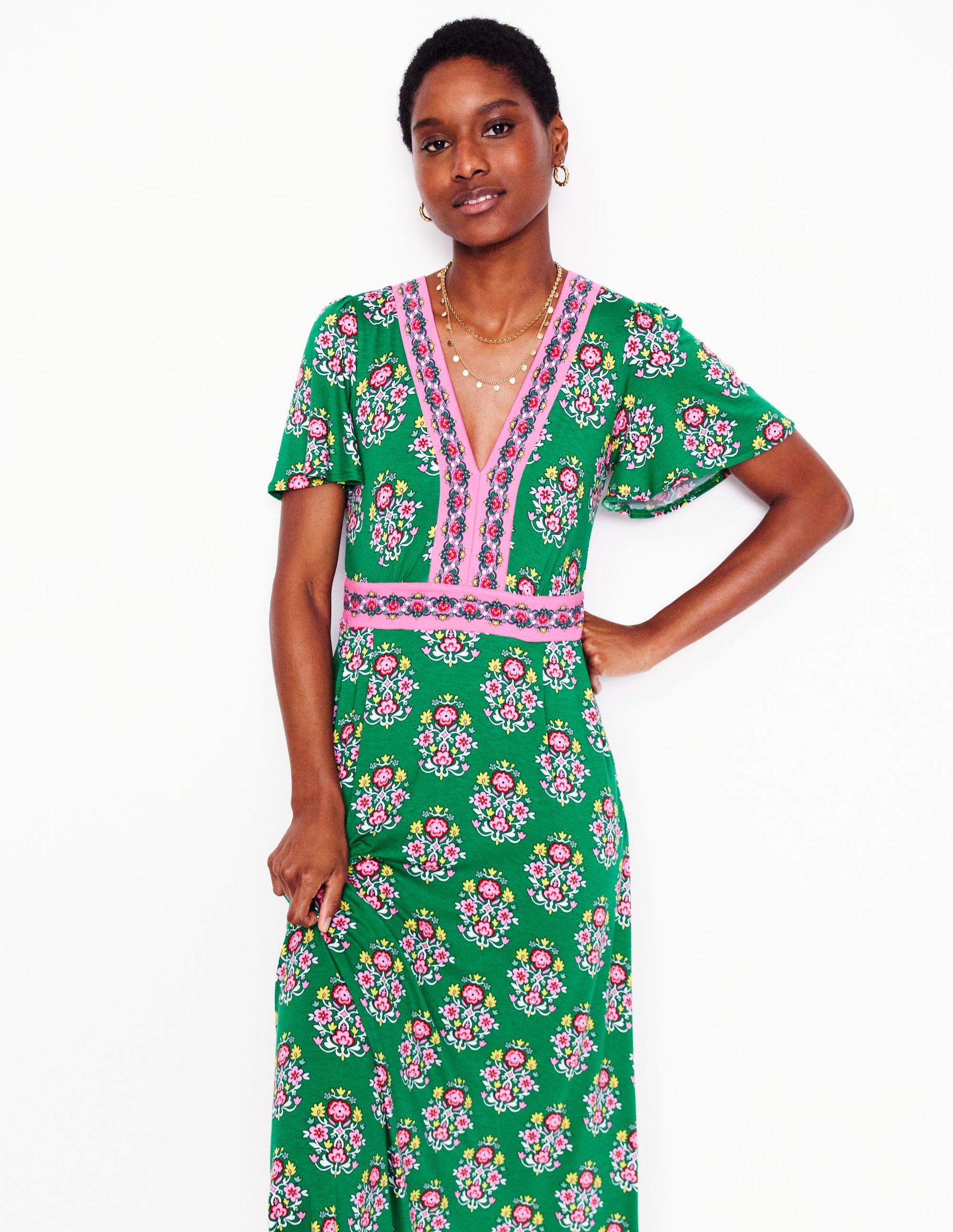 Robe longue style 40s Ellie à manches aériennes-Émeraude profond, motif Wildflower Stamp-5