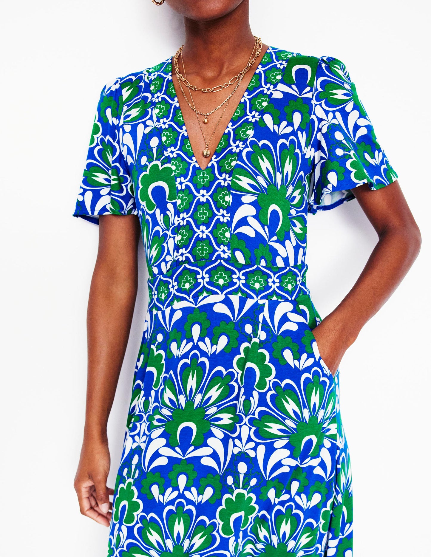 Robe longue style 40s Ellie à manches aériennes-Bleu, motif Decorative Dandelion