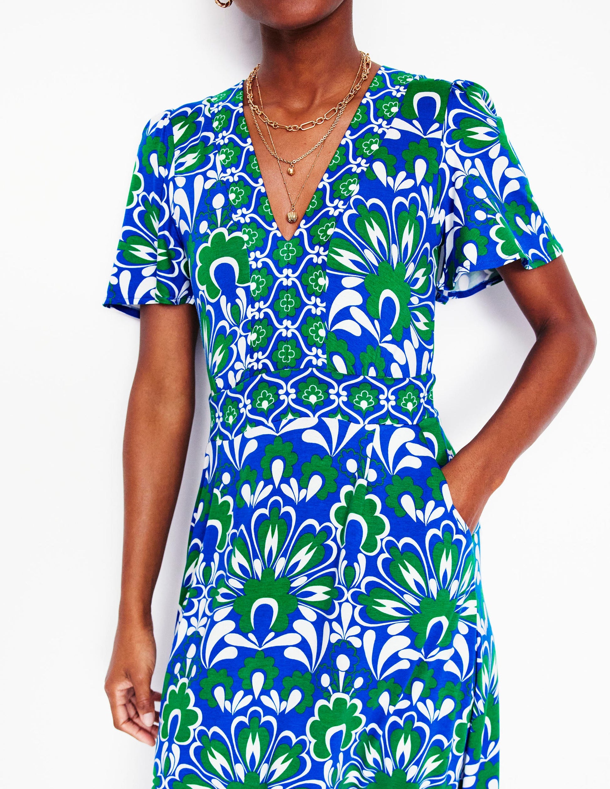 Robe longue style 40s Ellie à manches aériennes-Bleu, motif Decorative Dandelion-2