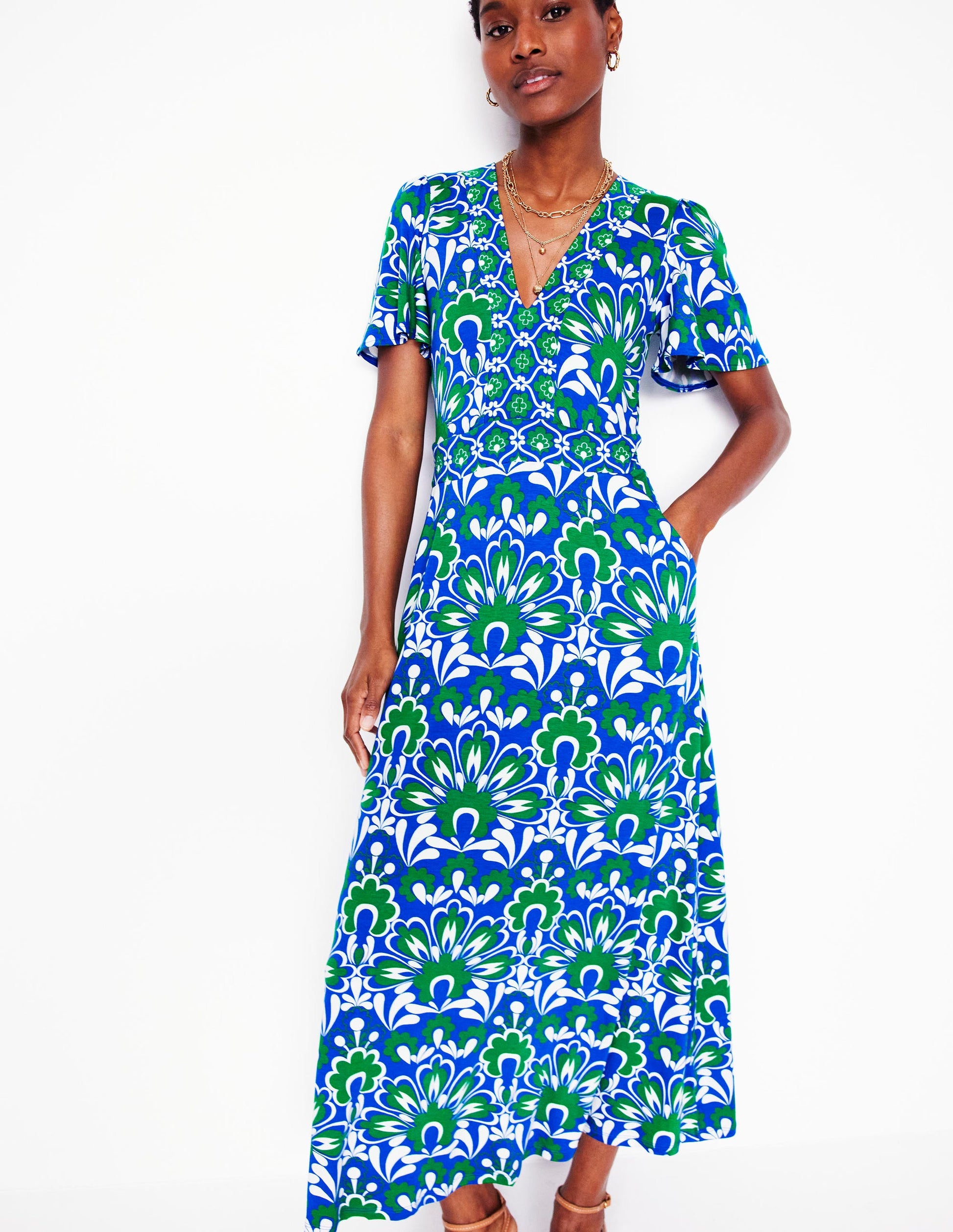 Robe longue style 40s Ellie à manches aériennes-Bleu, motif Decorative Dandelion-4