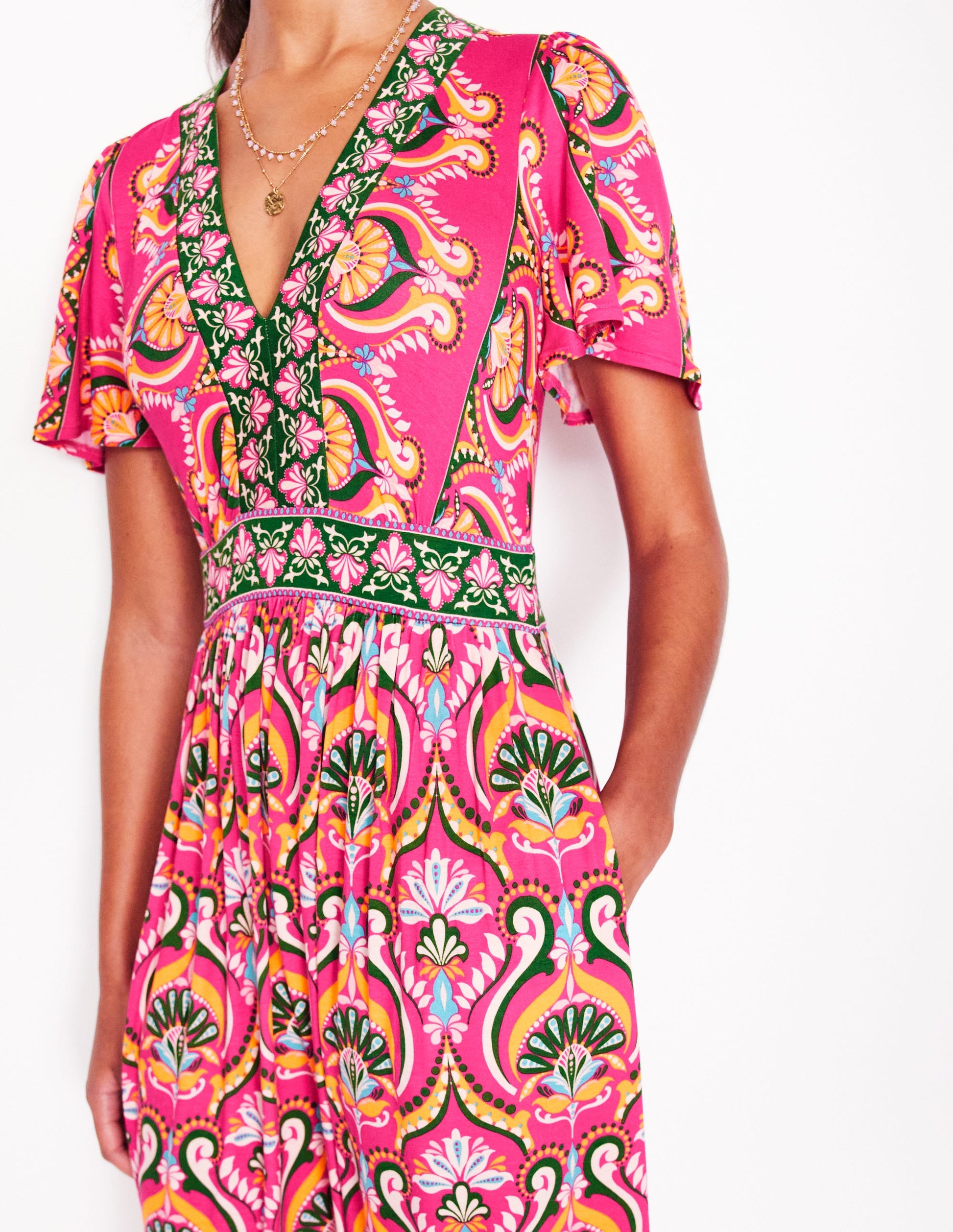 Robe longue style 40s Ellie à manches aériennes-Pivoine rose, motif Ornamental Floral-4