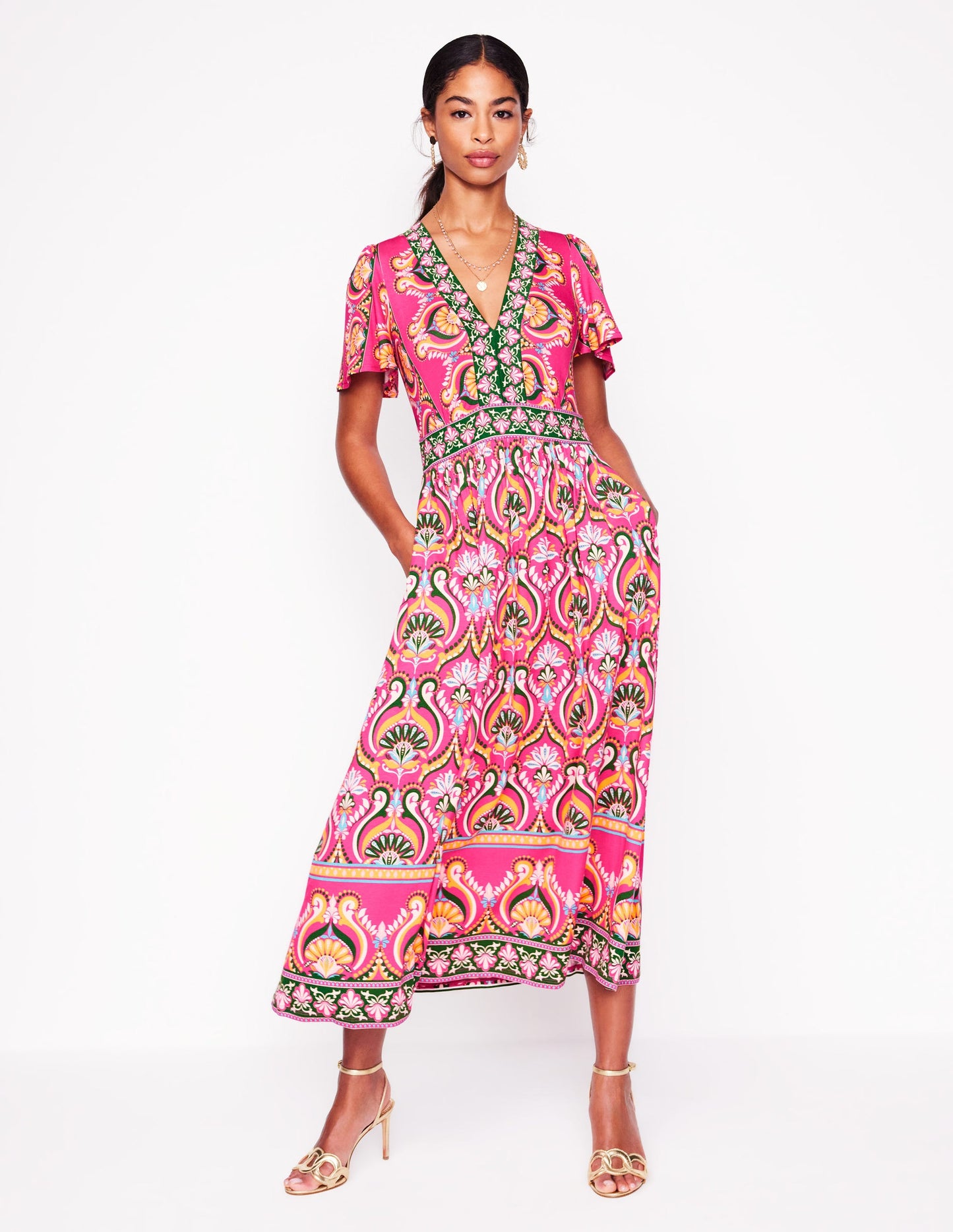 Robe longue style 40s Ellie à manches aériennes-Pivoine rose, motif Ornamental Floral