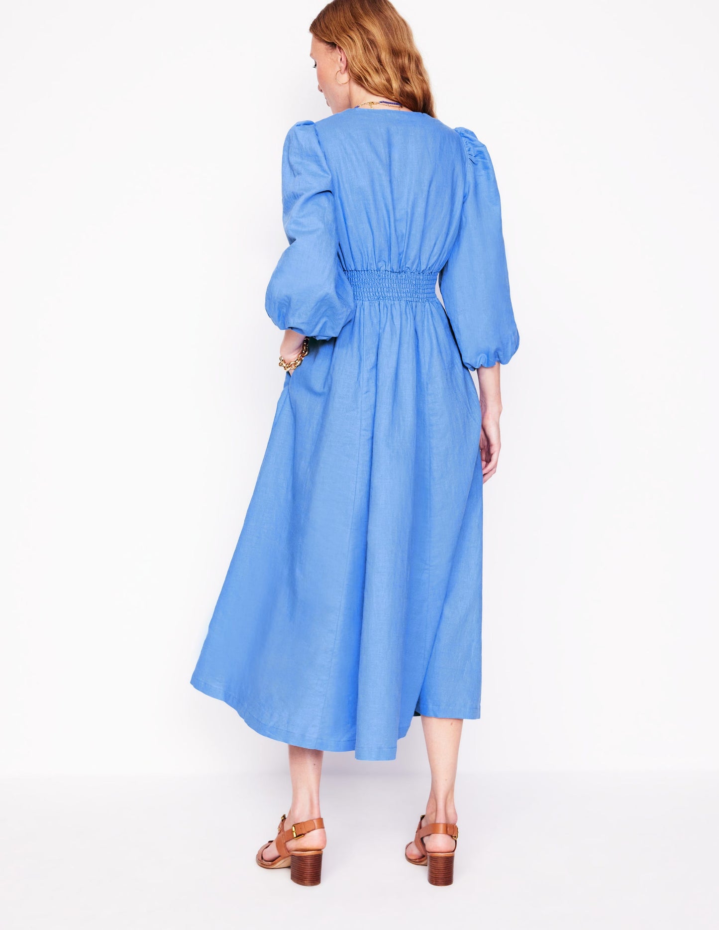 Robe longue Lola à manches blousantes-Bleu Océan