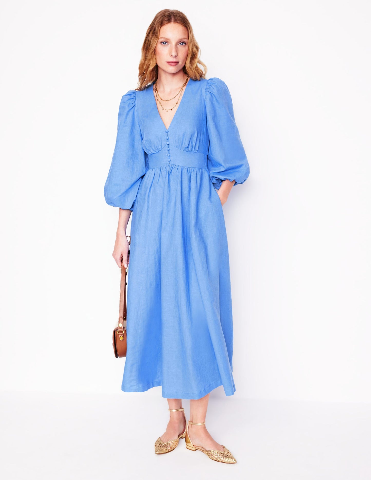 Robe longue Lola à manches blousantes-Bleu Océan