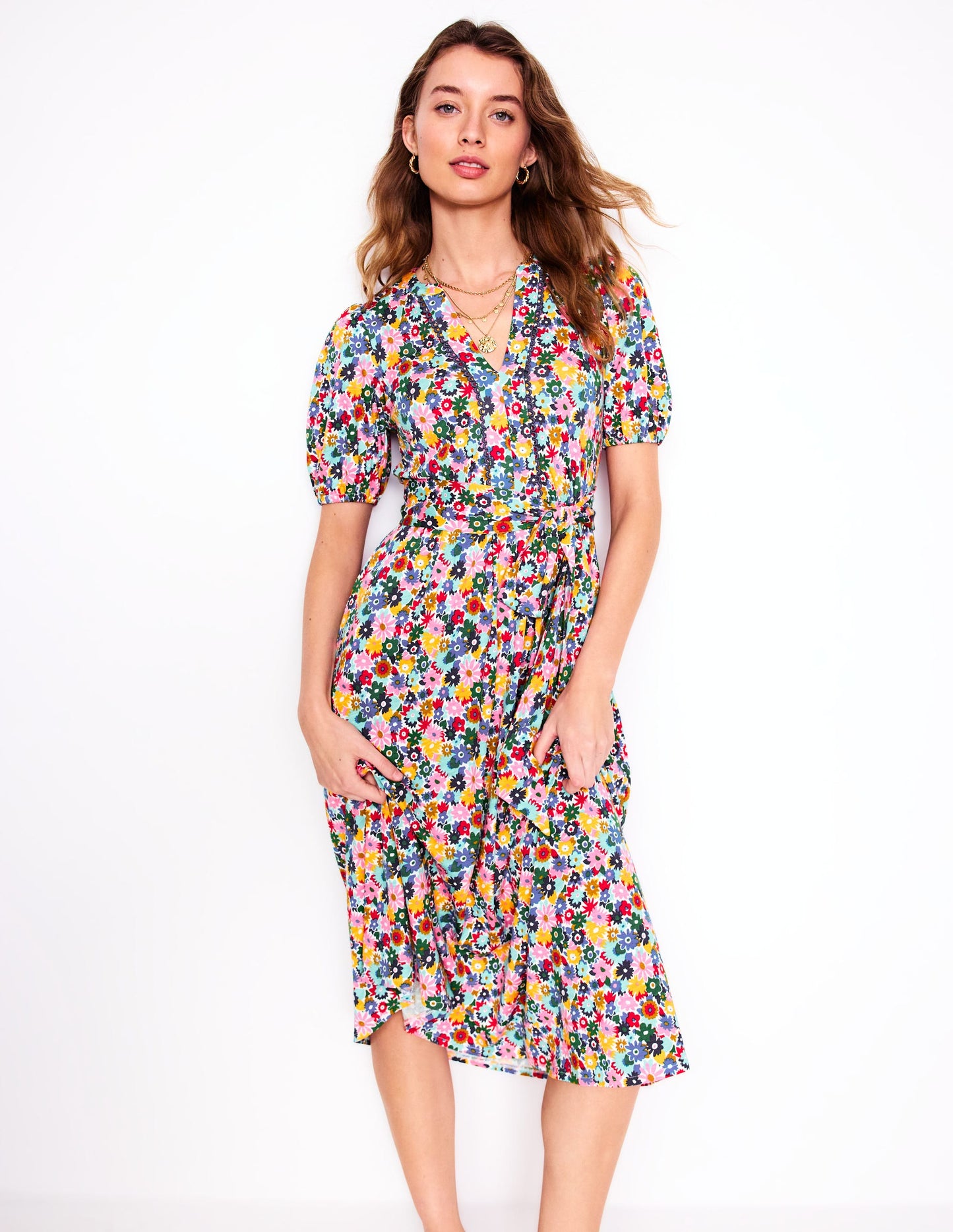 Sofia Jersey-Midikleid mit Besatz-Bunt, Malkasten Blümchen