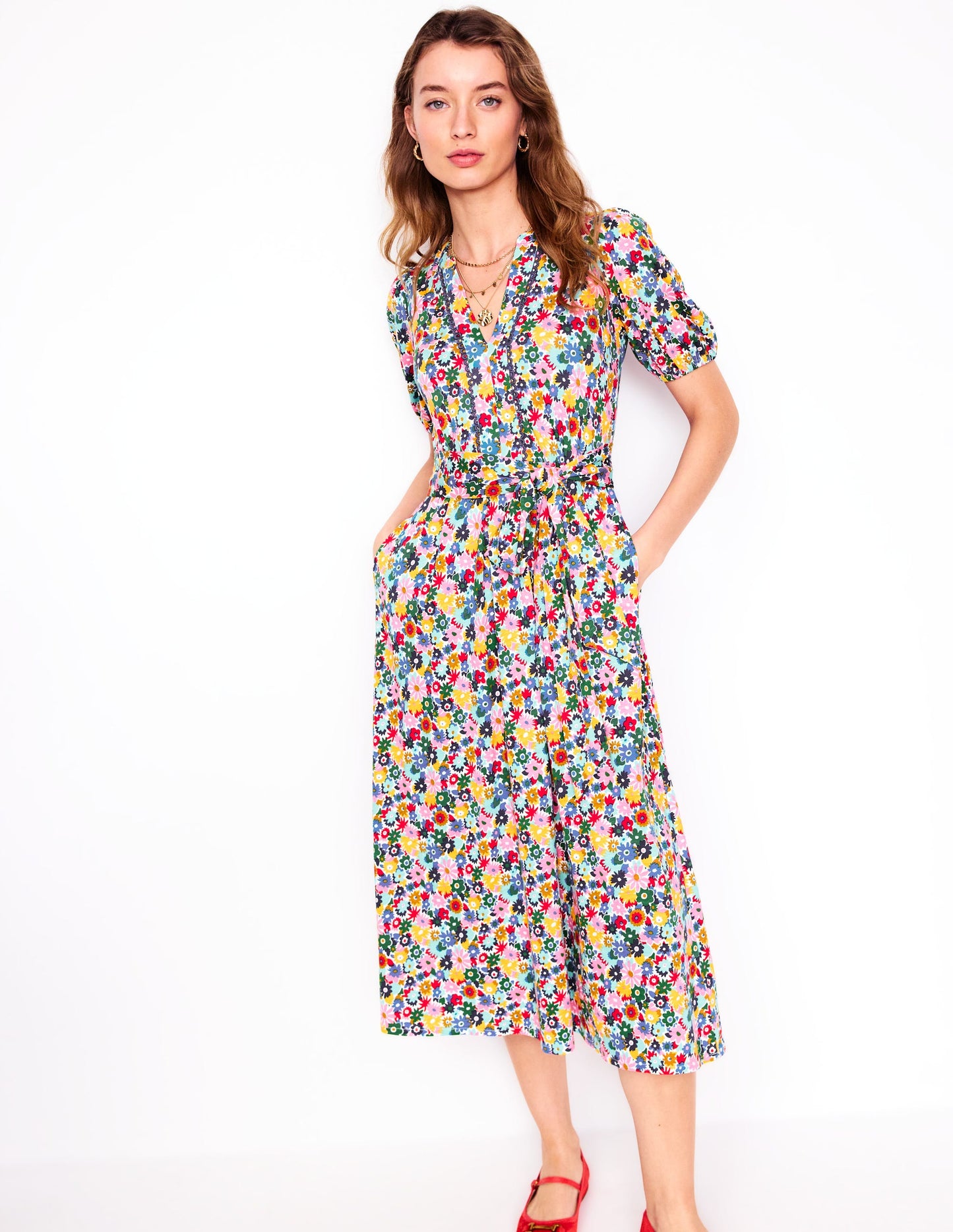 Sofia Jersey-Midikleid mit Besatz-Bunt, Malkasten Blümchen