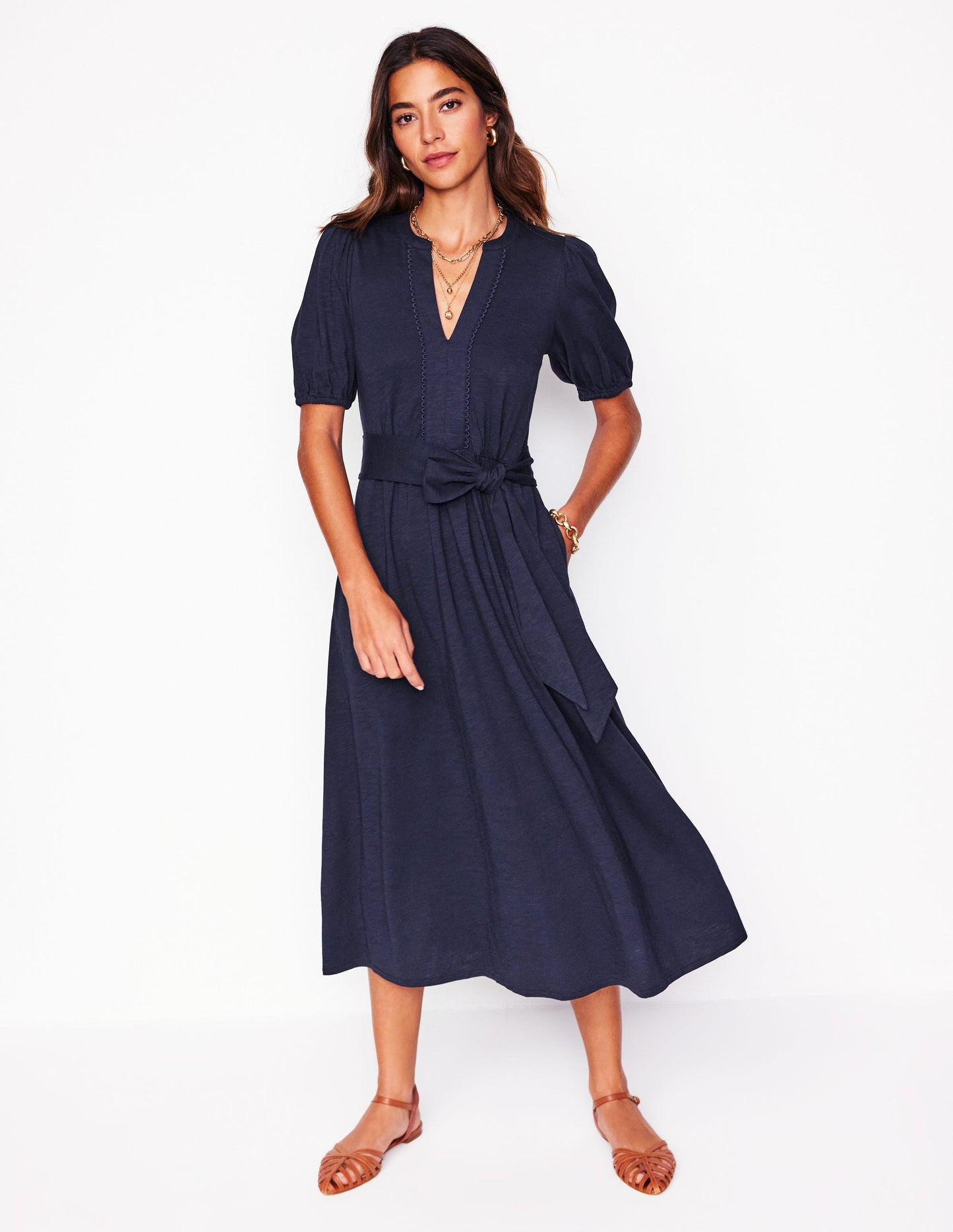 Sofia Jersey-Midikleid mit Besatz-Marineblau
