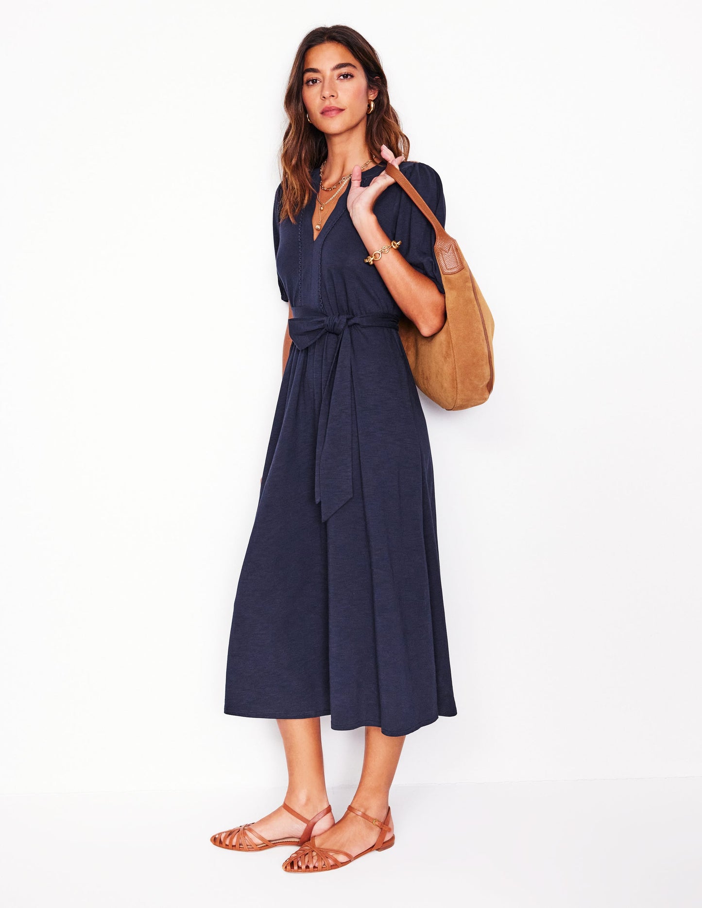 Sofia Jersey-Midikleid mit Besatz-Marineblau