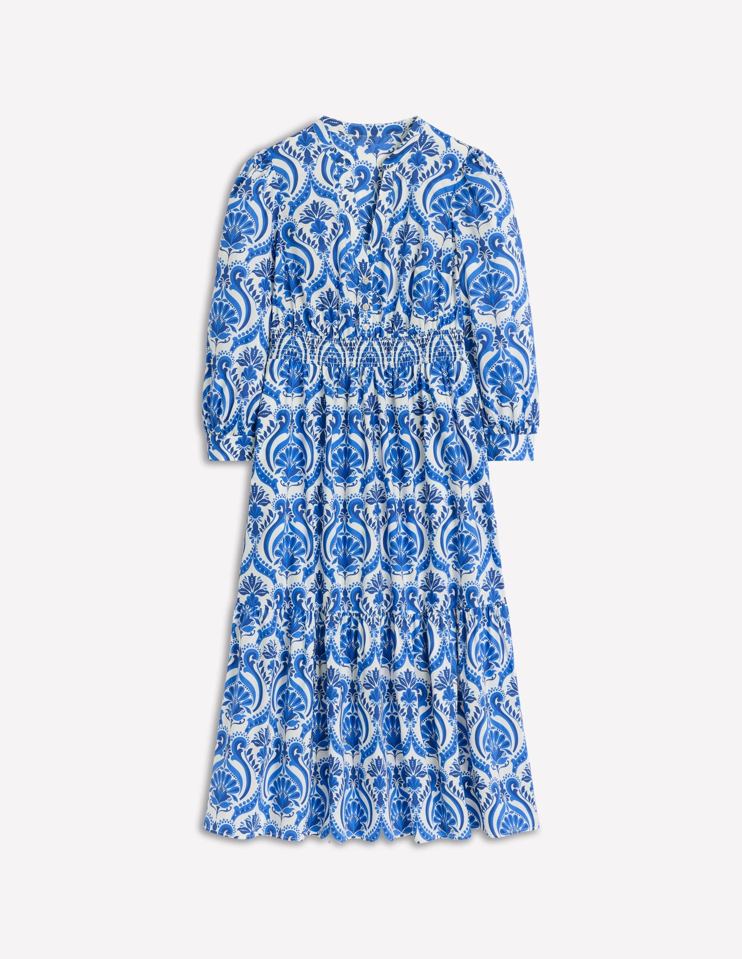 Robe midi Elena en coton à volants-Bleu, motif Ornamental Floral