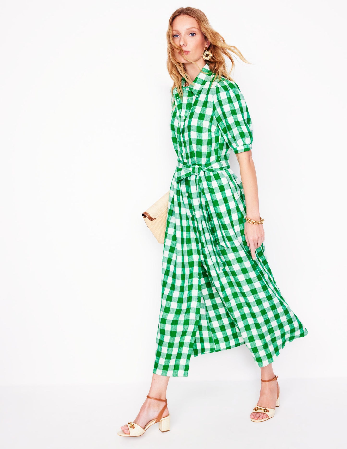Robe-chemise longue Alexa en lin-Vichy émeraude profond