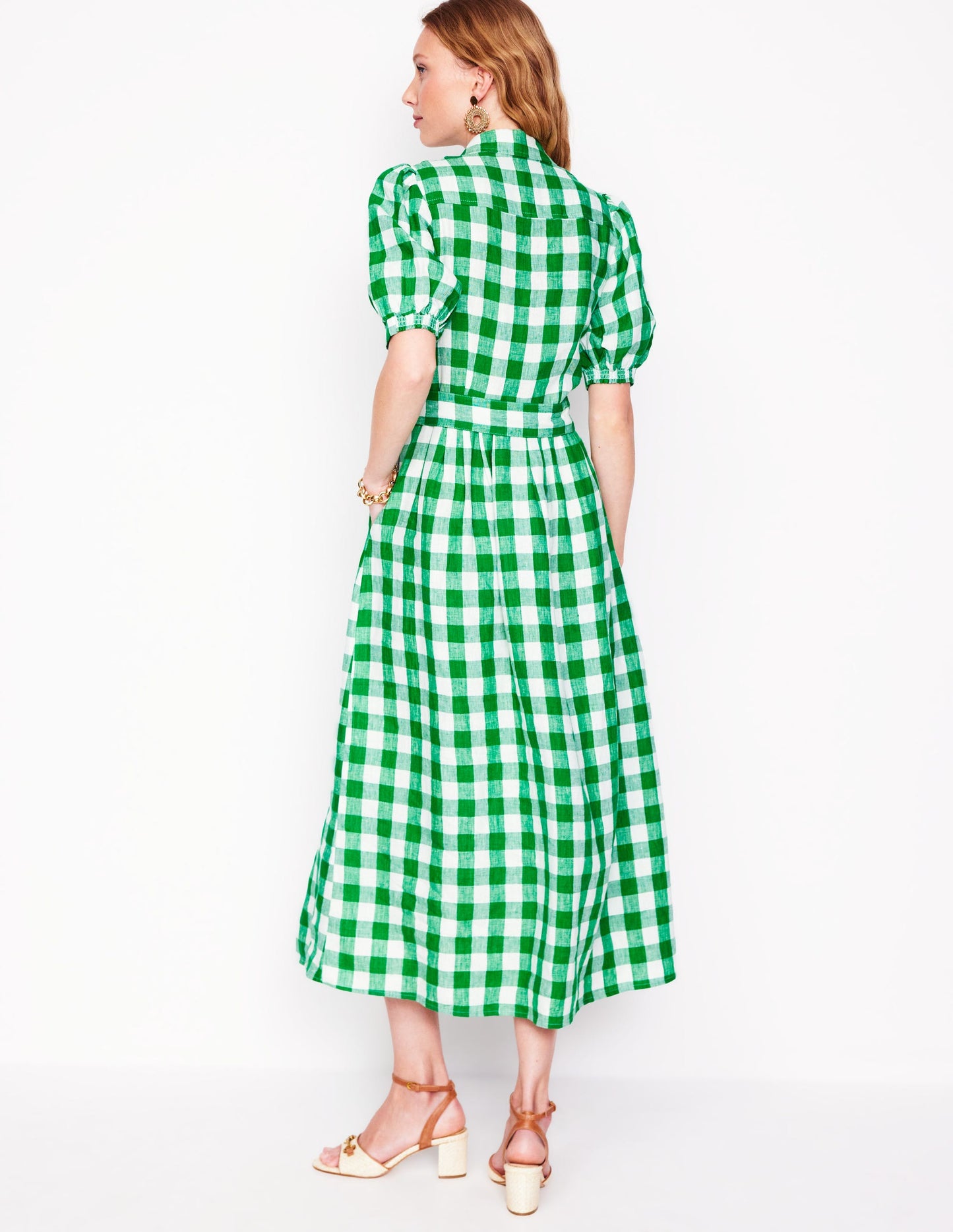 Robe-chemise longue Alexa en lin-Vichy émeraude profond