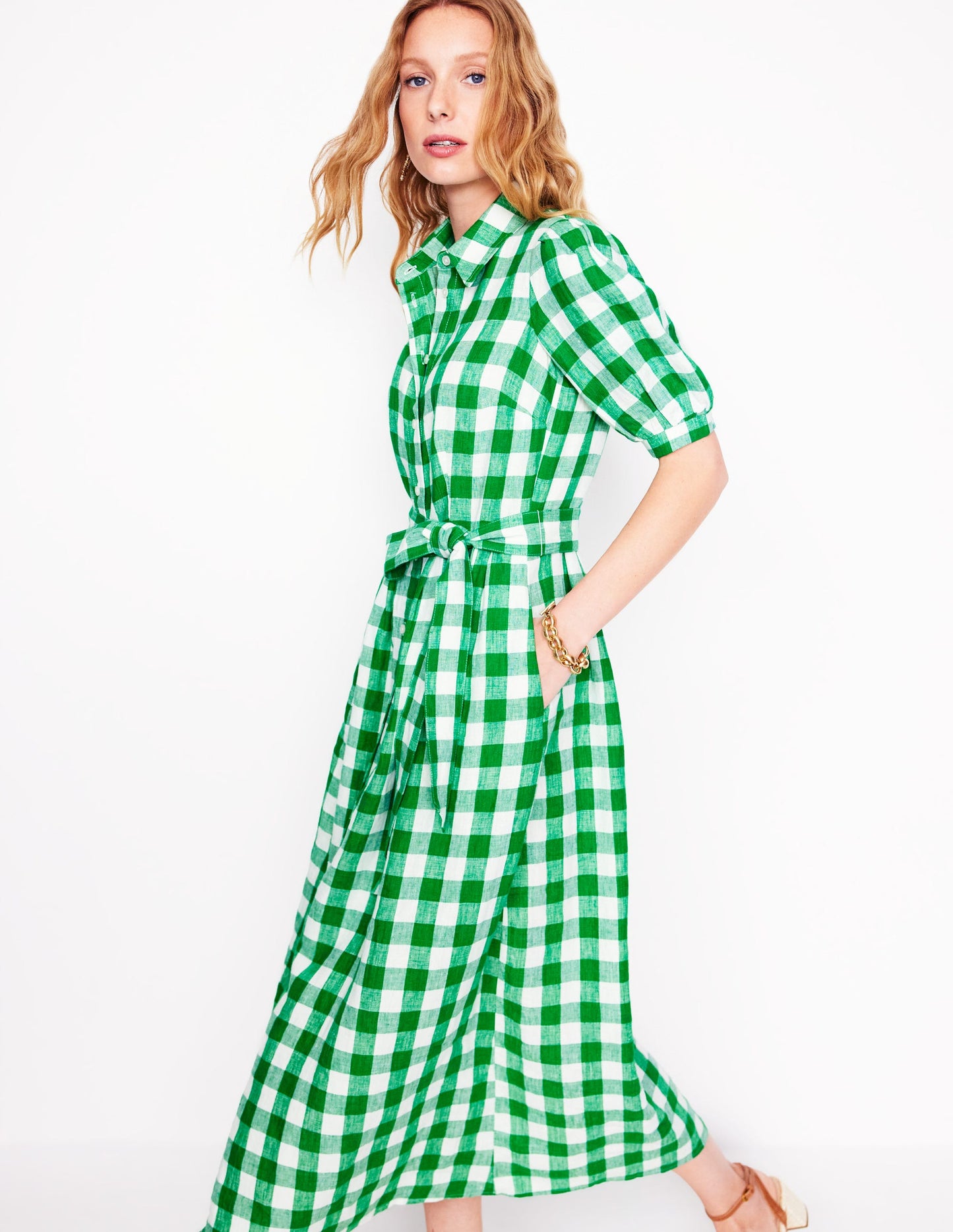 Robe-chemise longue Alexa en lin-Vichy émeraude profond
