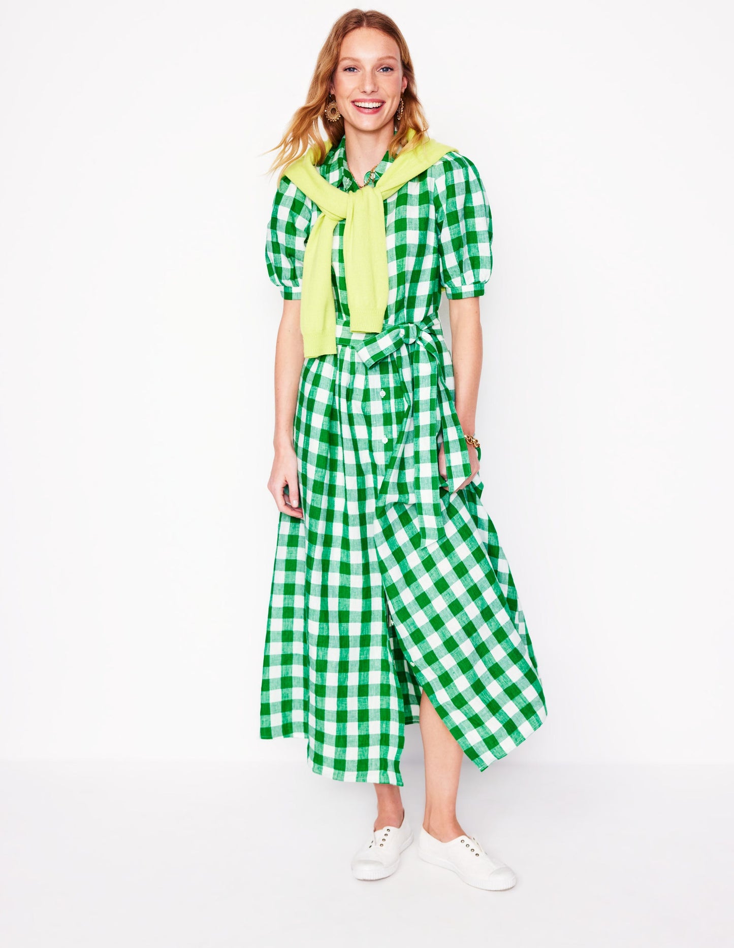 Robe-chemise longue Alexa en lin-Vichy émeraude profond
