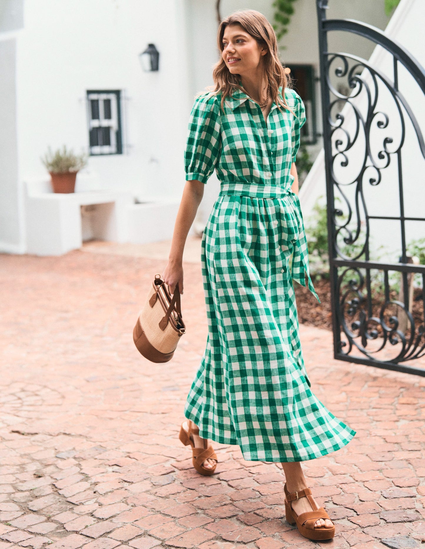 Robe-chemise longue Alexa en lin-Vichy émeraude profond