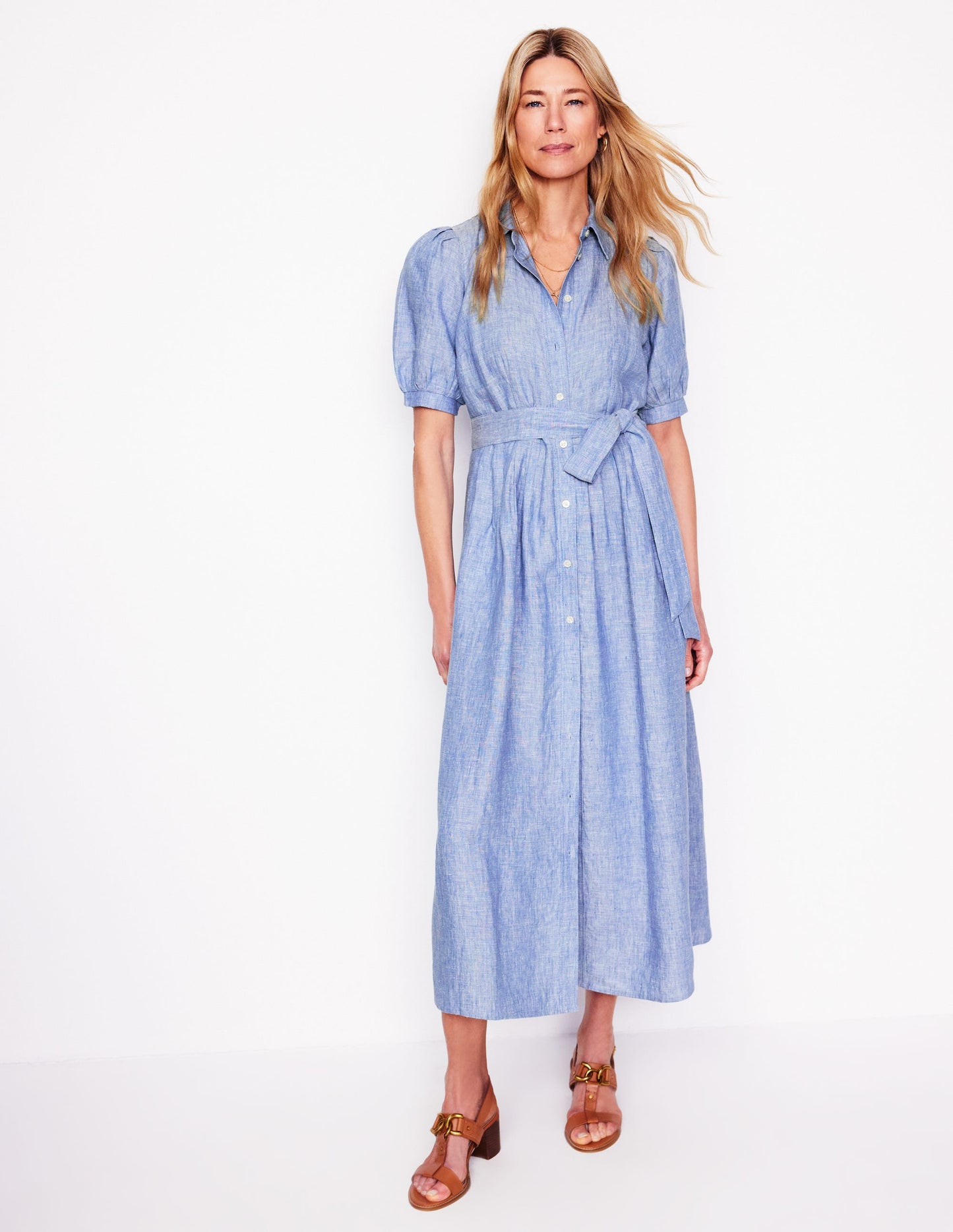 Robe-chemise longue Alexa en lin-Chambray bleu gris