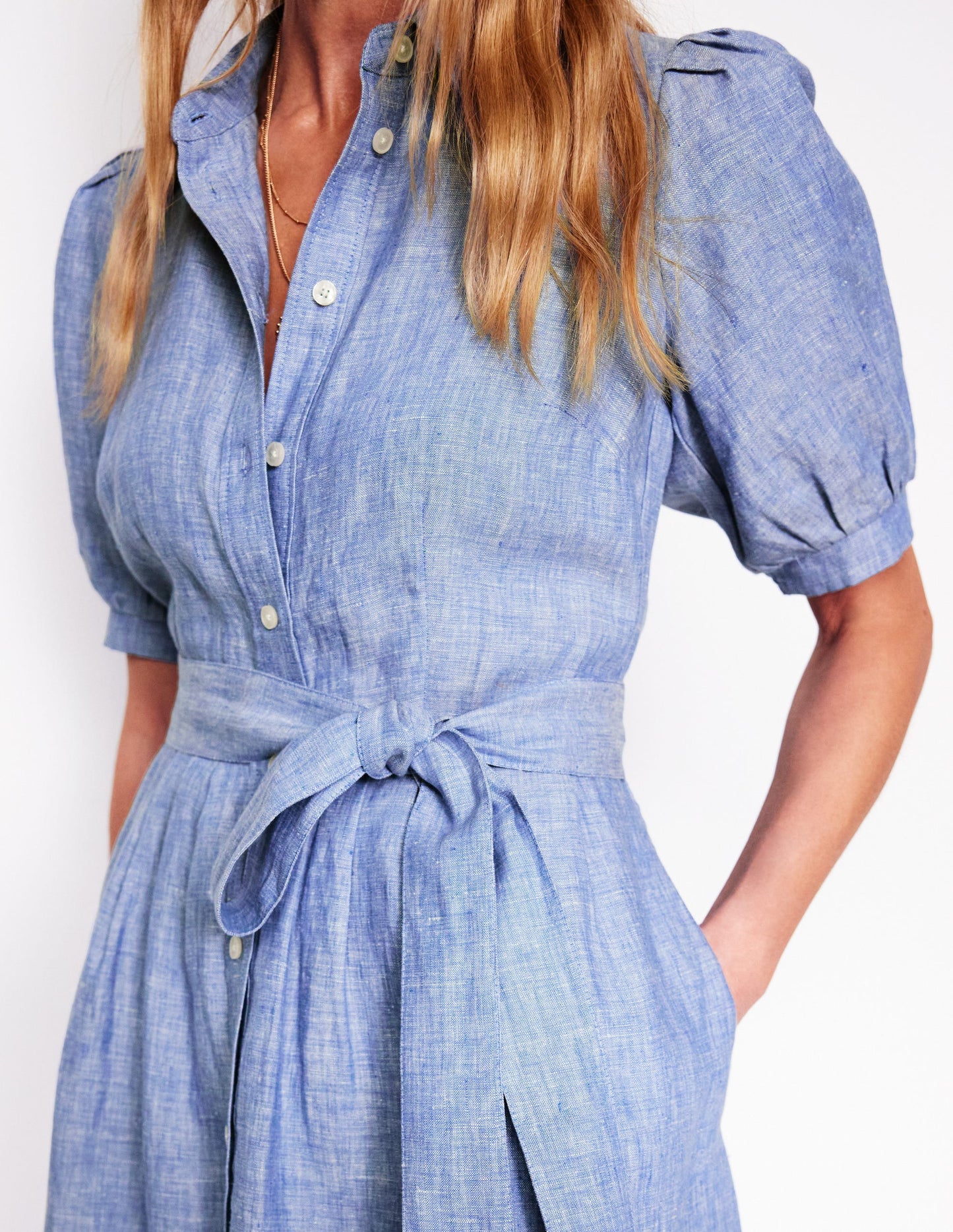 Robe-chemise longue Alexa en lin-Chambray bleu gris