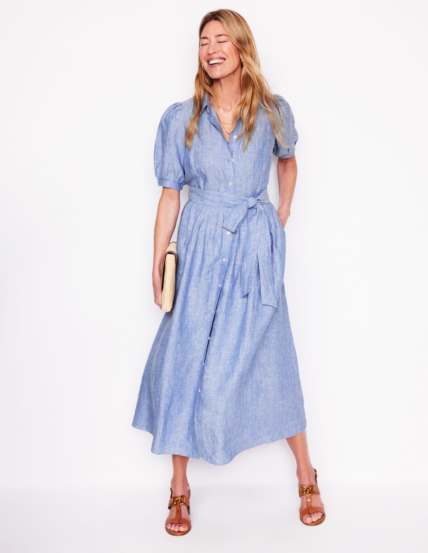 Robe-chemise longue Alexa en lin-Chambray bleu gris