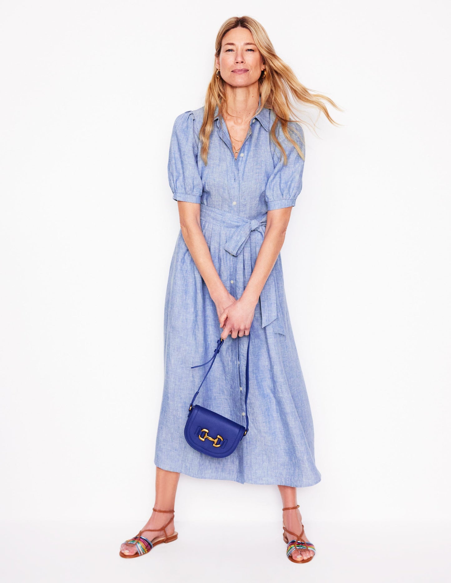 Robe-chemise longue Alexa en lin-Chambray bleu gris