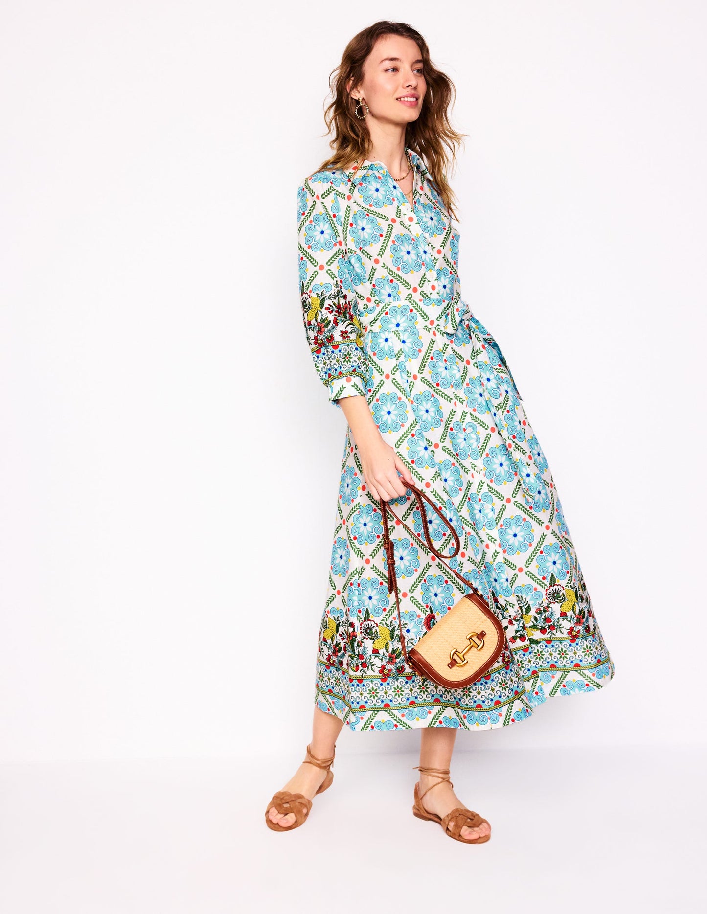 Clara Linen Blend Shirt Dress-Multi, Citrus Vine Tile