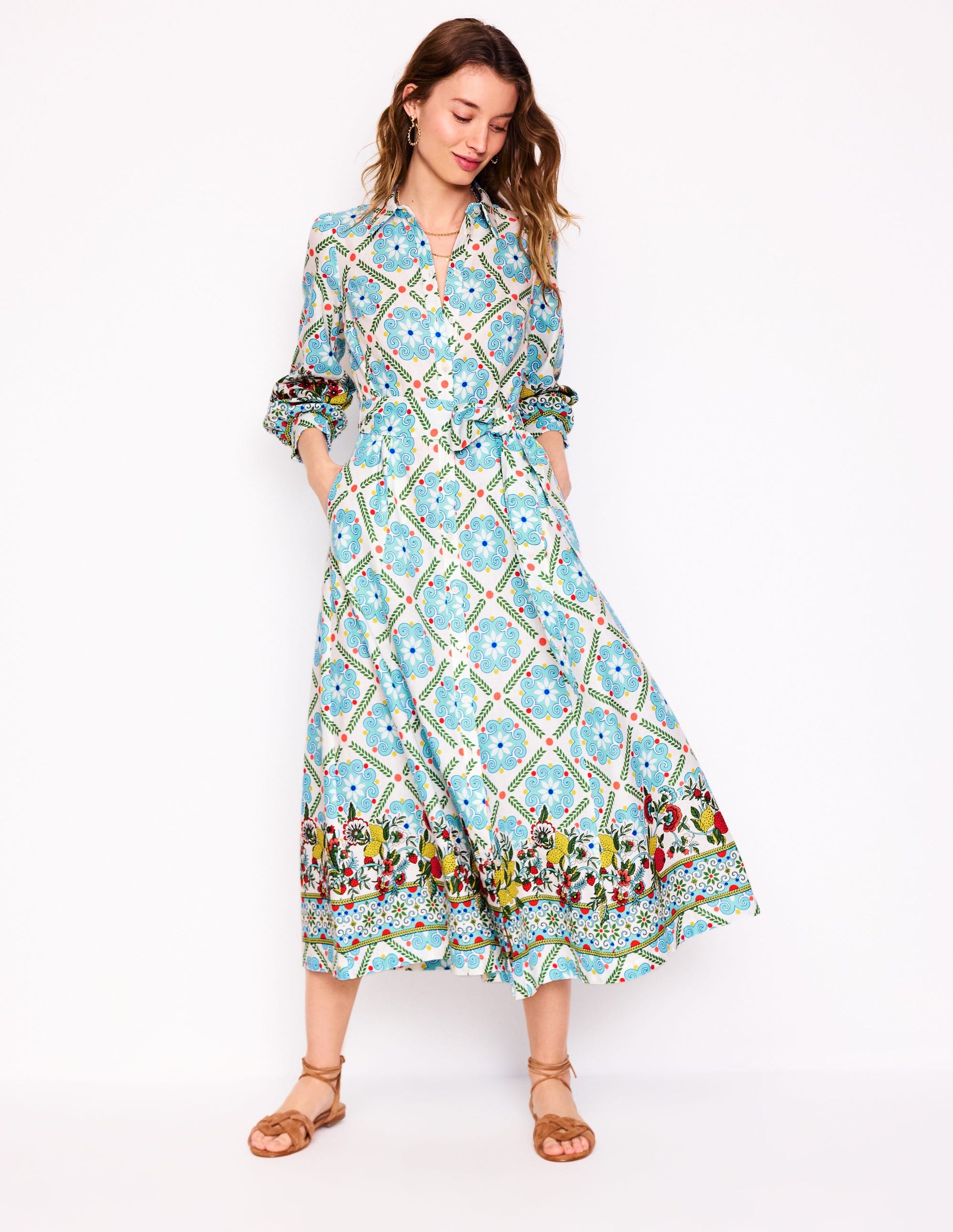 Clara Linen Blend Shirt Dress-Multi, Citrus Vine Tile-4