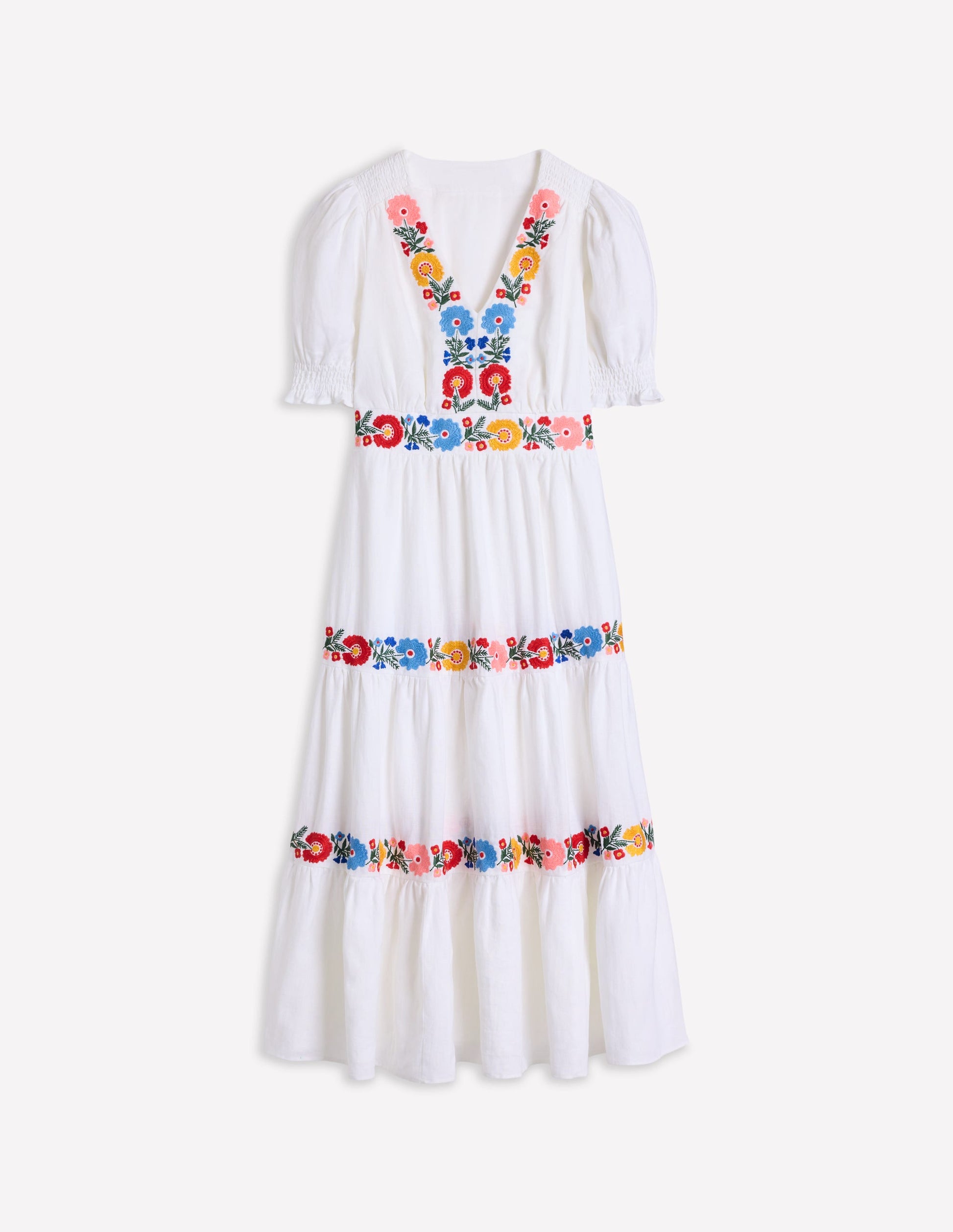 Anna Linen Tiered Midi Dress-White, Multi Embroidery-8