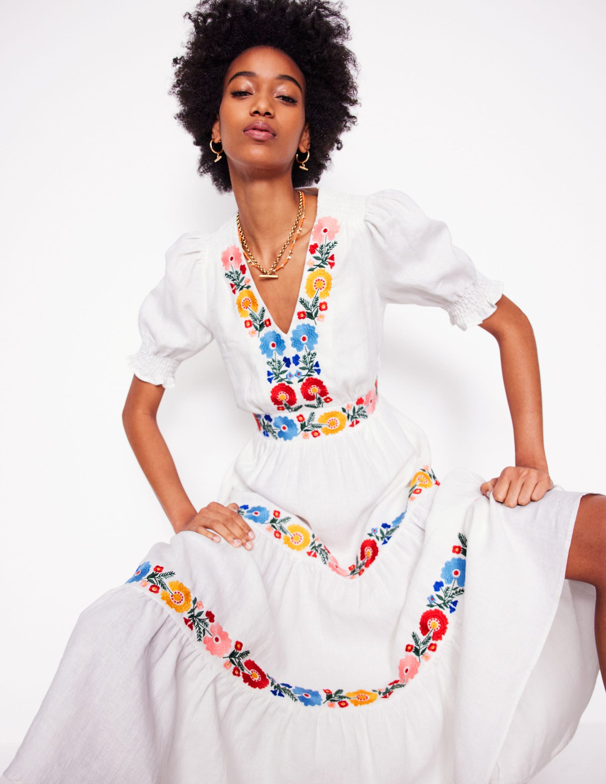 Anna Linen Tiered Midi Dress-White, Multi Embroidery-1