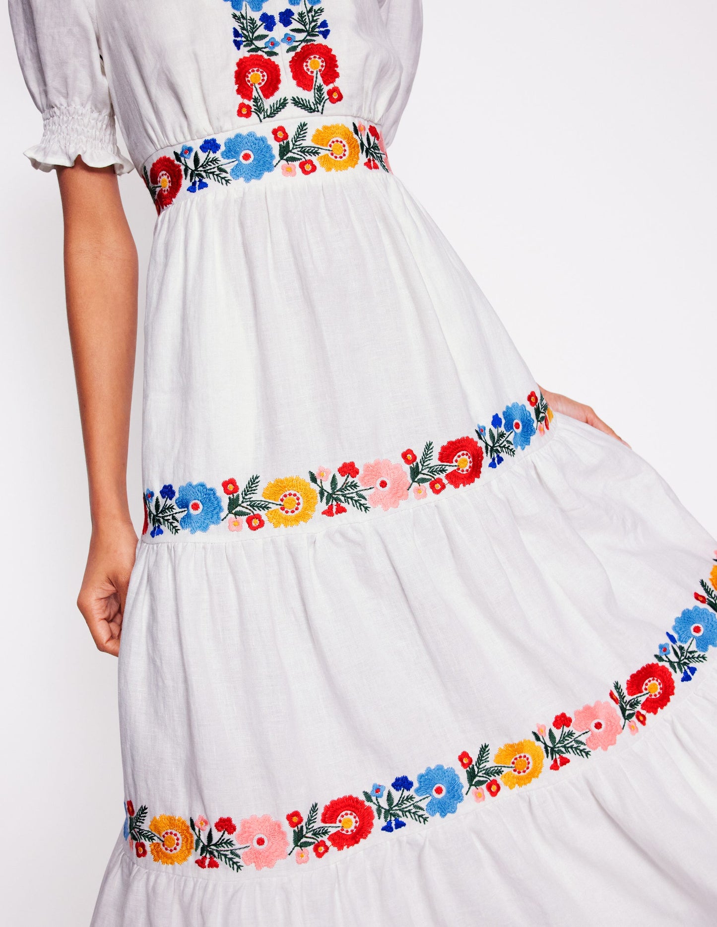Anna Linen Tiered Midi Dress-White, Multi Embroidery