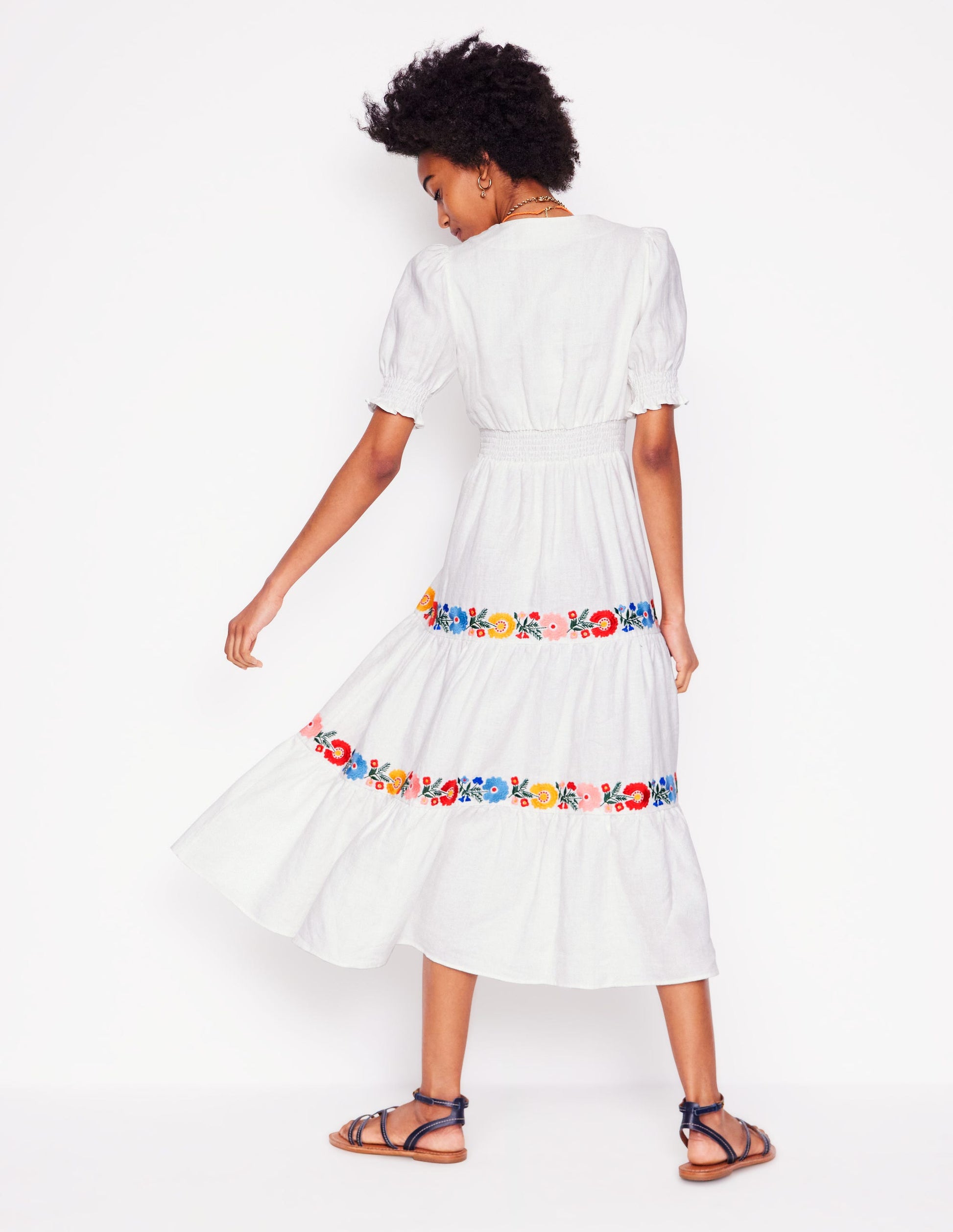 Anna Linen Tiered Midi Dress-White, Multi Embroidery-5