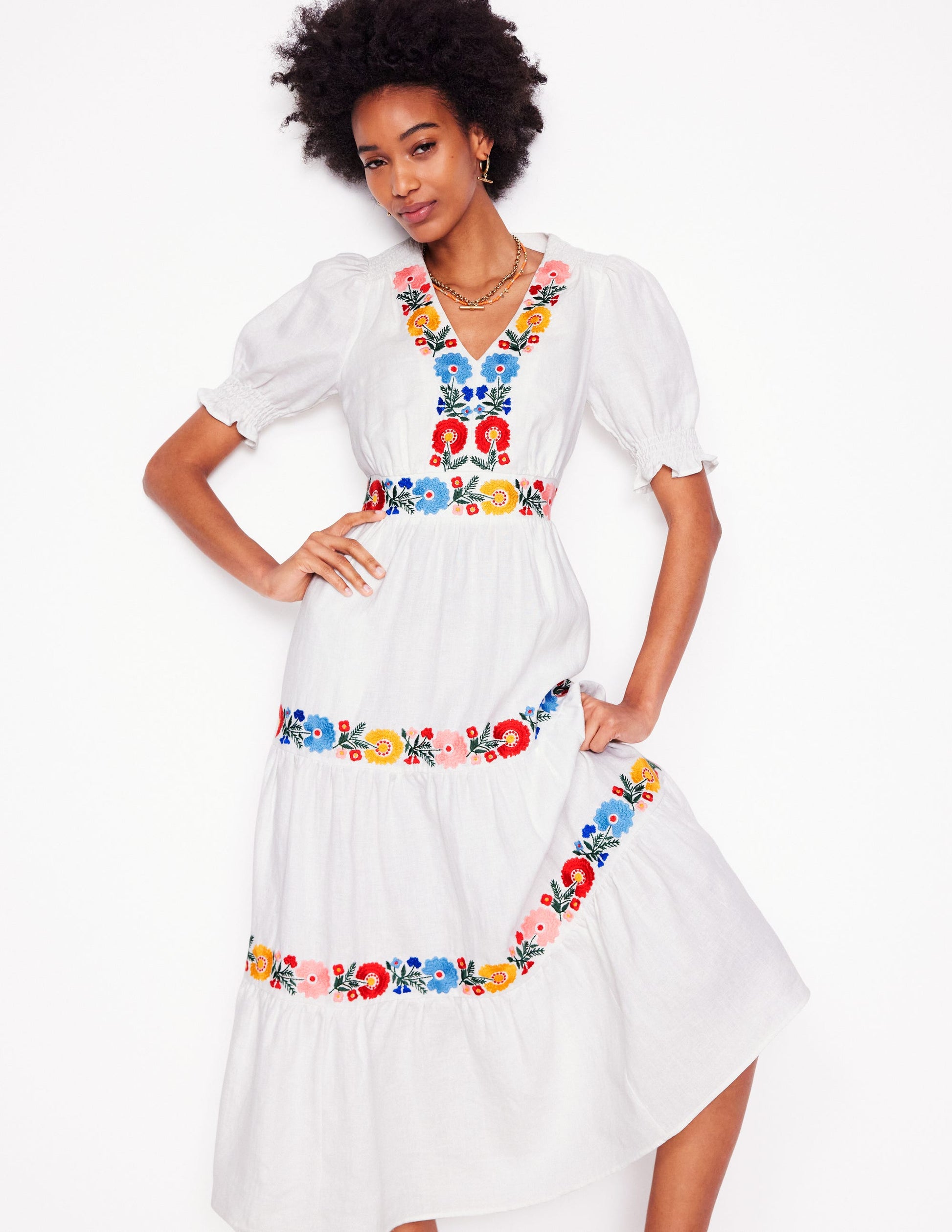 Anna Linen Tiered Midi Dress-White, Multi Embroidery-6