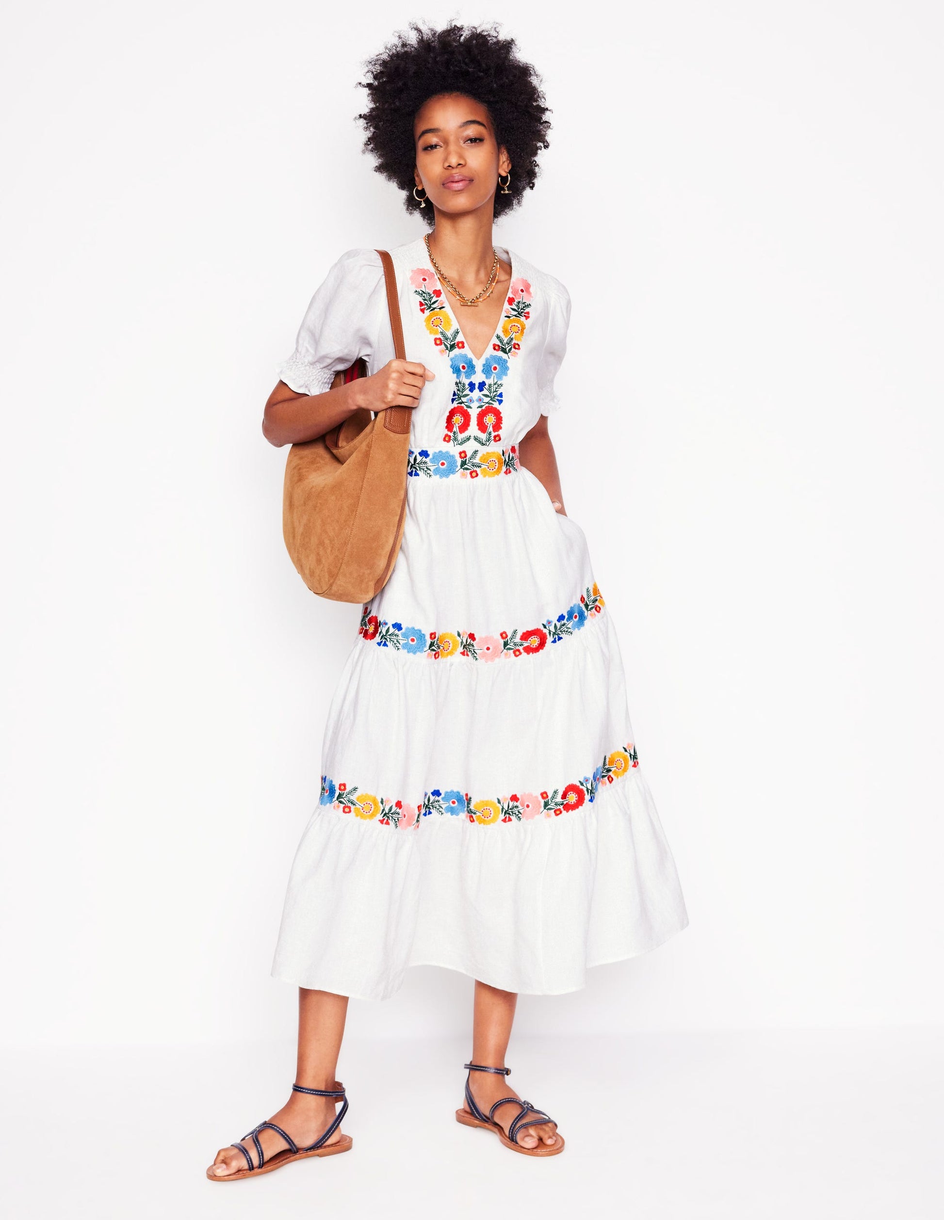 Anna Linen Tiered Midi Dress-White, Multi Embroidery-7