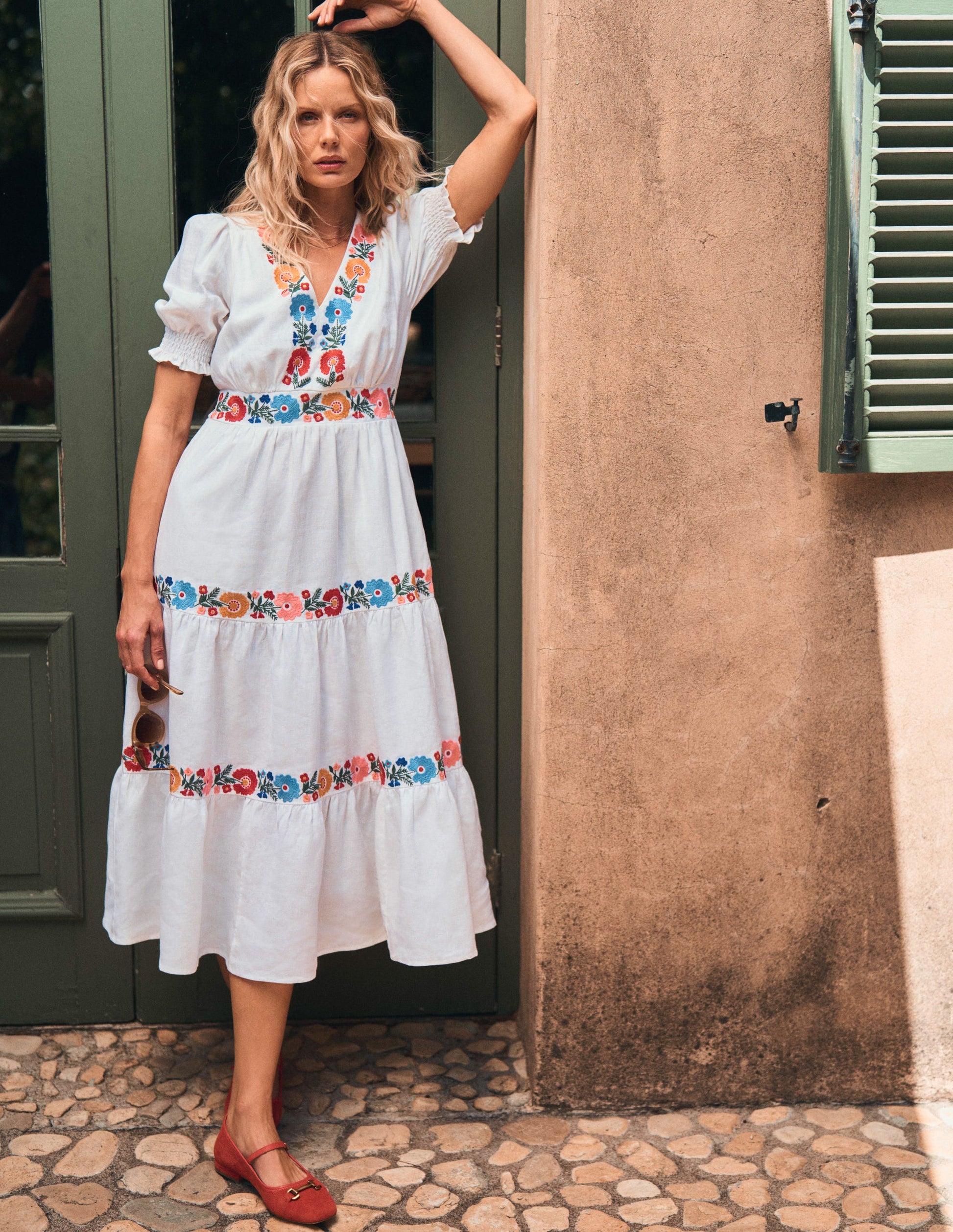 Anna Linen Tiered Midi Dress-White, Multi Embroidery-2