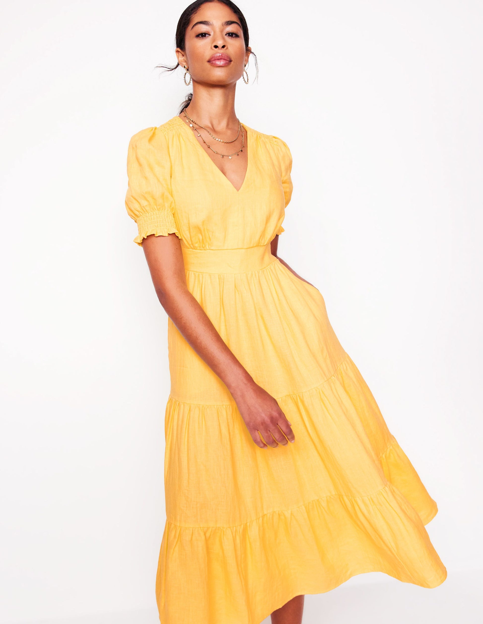 Anna Linen Tiered Midi Dress-Buttermilk Yellow-1