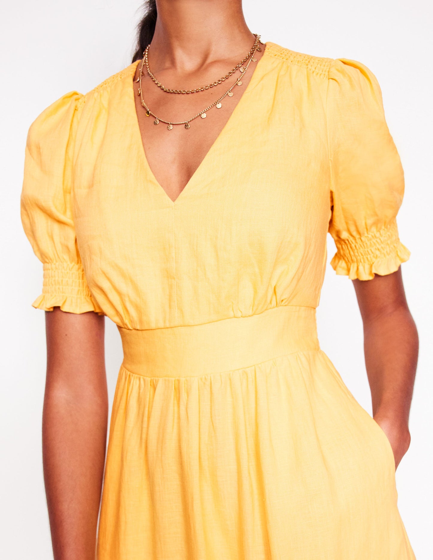 Anna Linen Tiered Midi Dress-Buttermilk Yellow