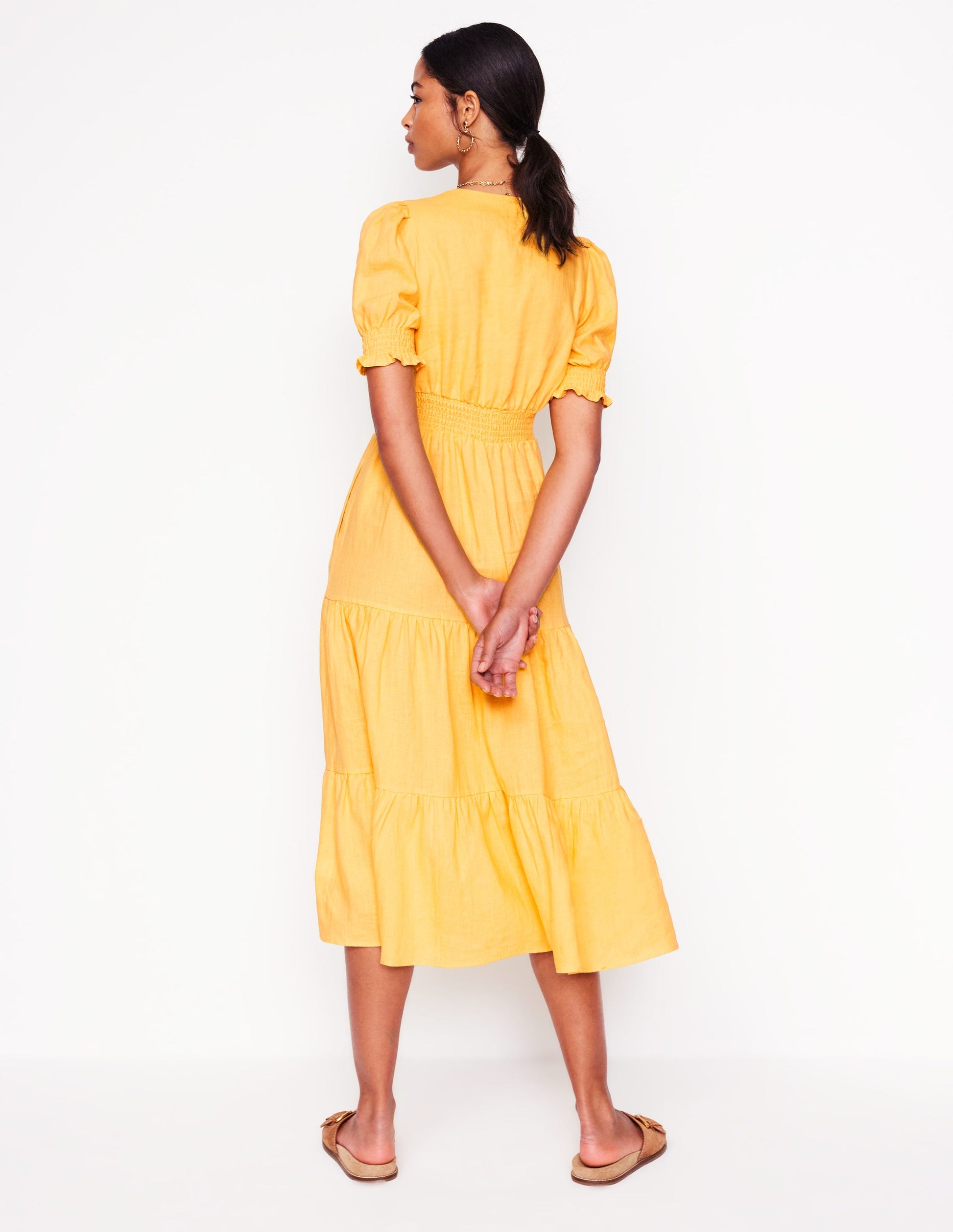 Anna Linen Tiered Midi Dress-Buttermilk Yellow-4
