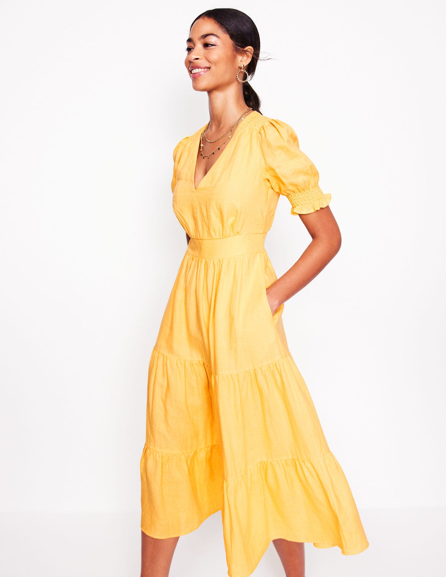 Anna Linen Tiered Midi Dress-Buttermilk Yellow