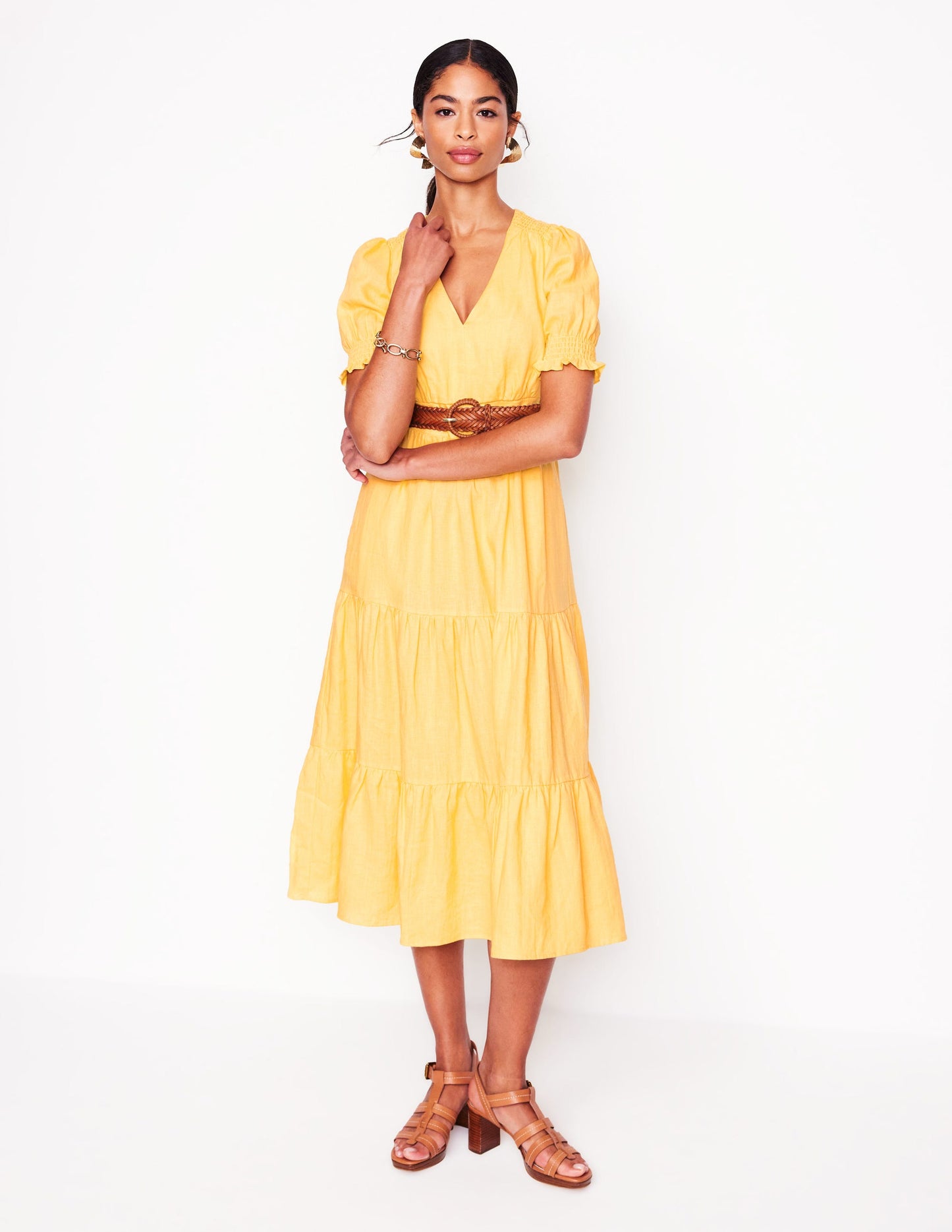 Anna Linen Tiered Midi Dress-Buttermilk Yellow