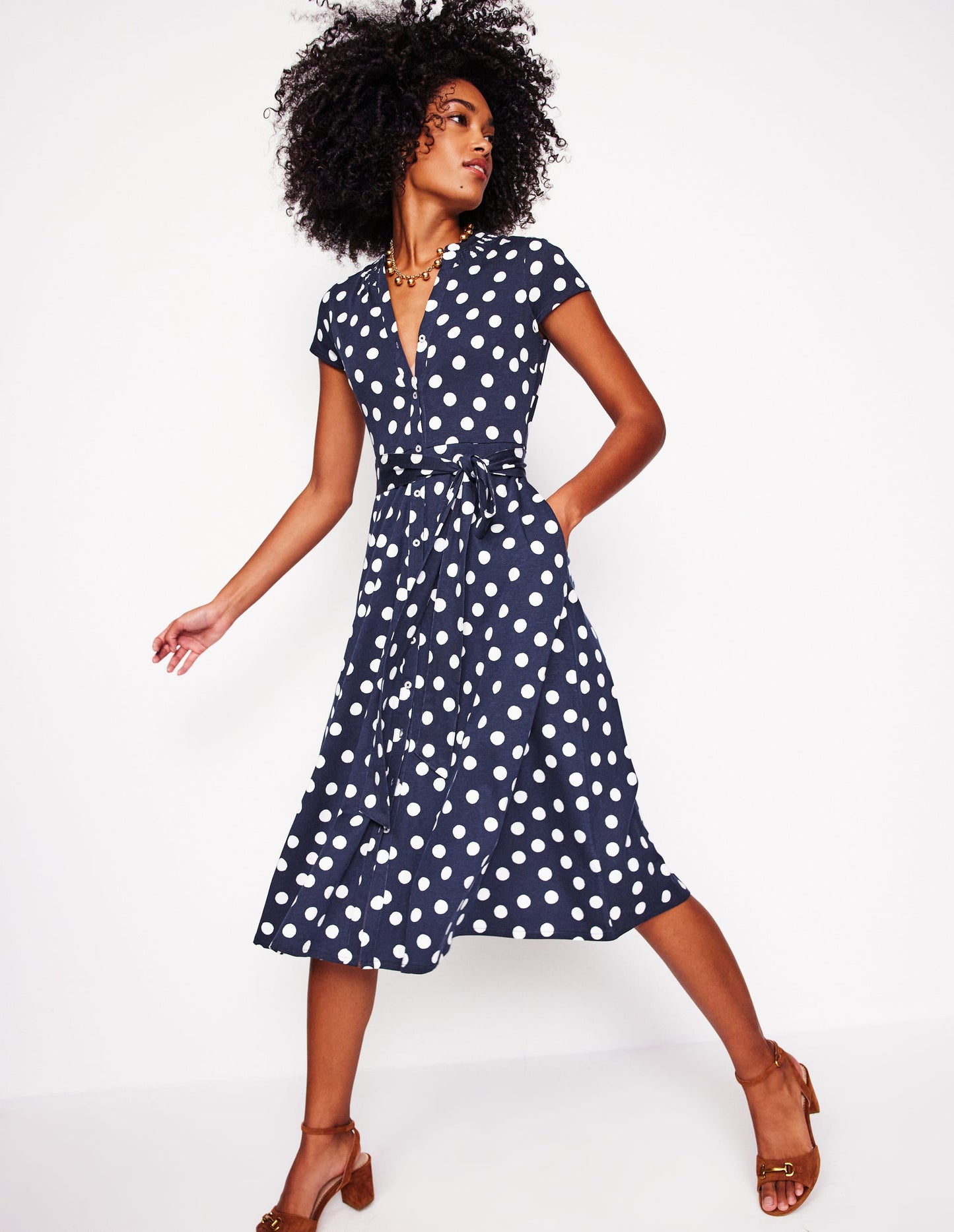 Robe-chemise Sara en jersey-Bleu marine foncé, pois abstraits