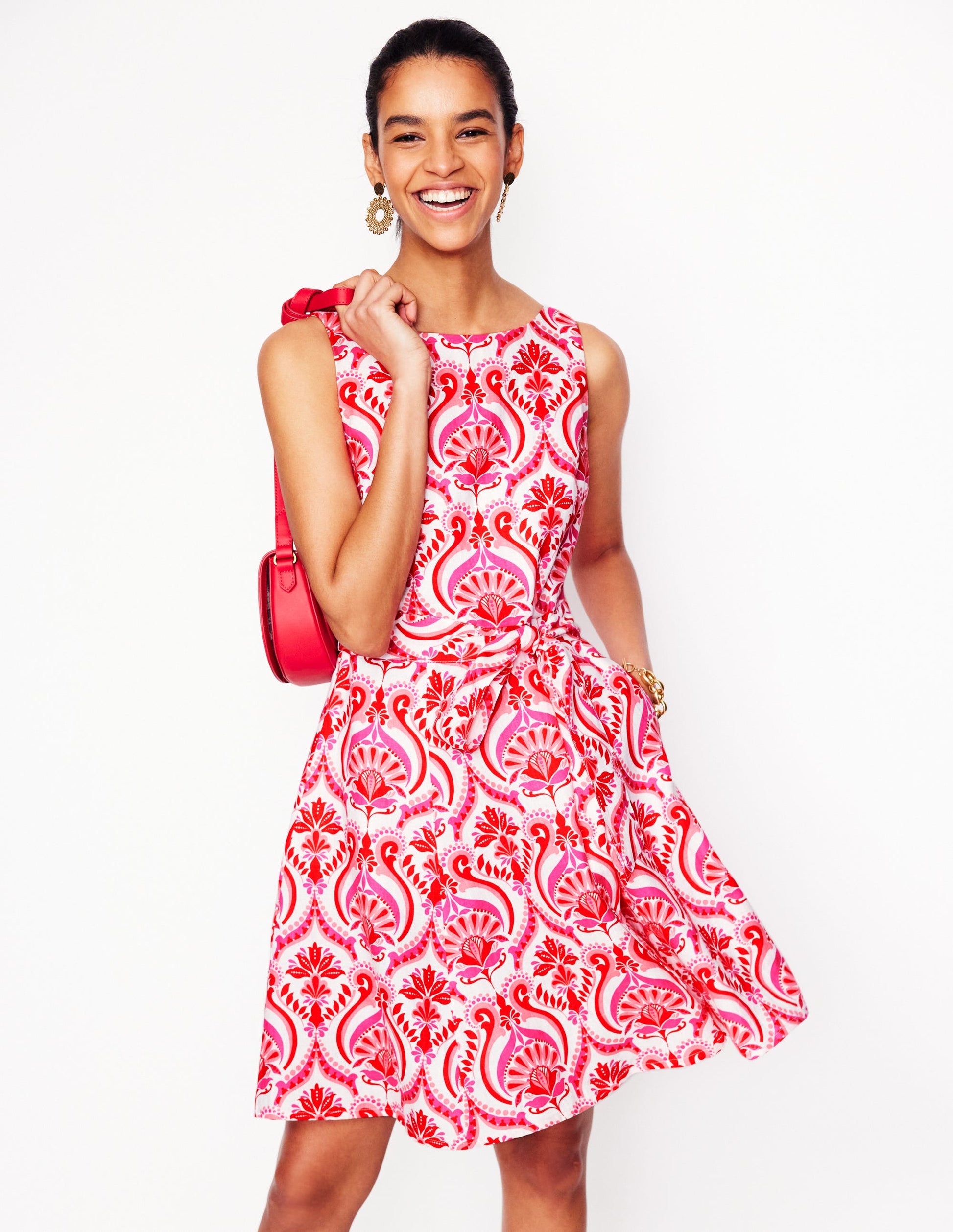 Anya Ärmelloses Leinenkleid-Mohnblumenrot, Blumenmuster mit Ornamenten-1