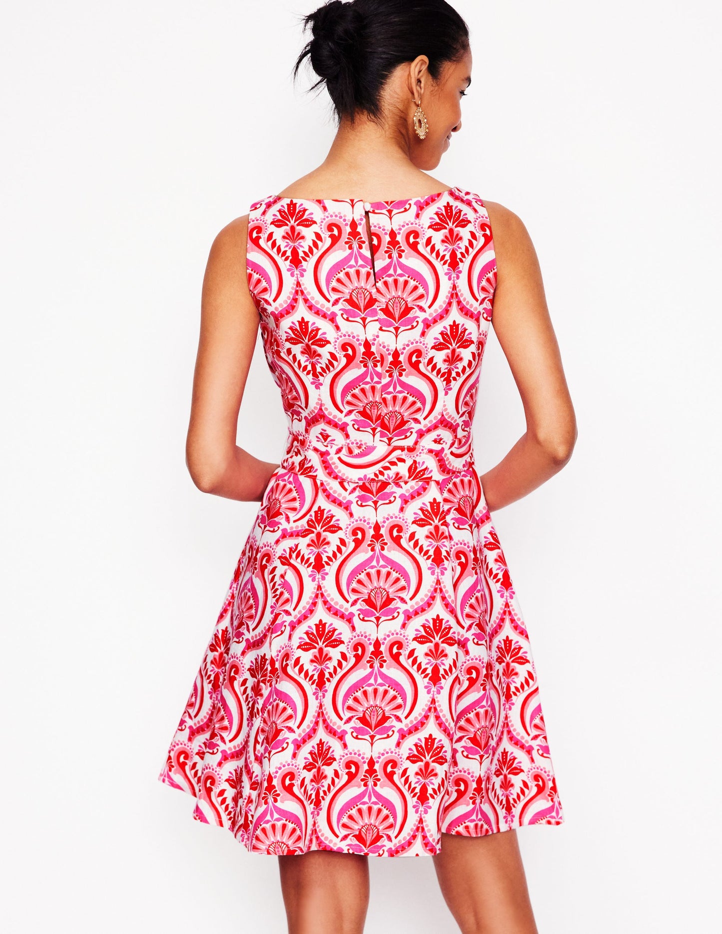 Anya Ärmelloses Leinenkleid-Mohnblumenrot, Blumenmuster mit Ornamenten