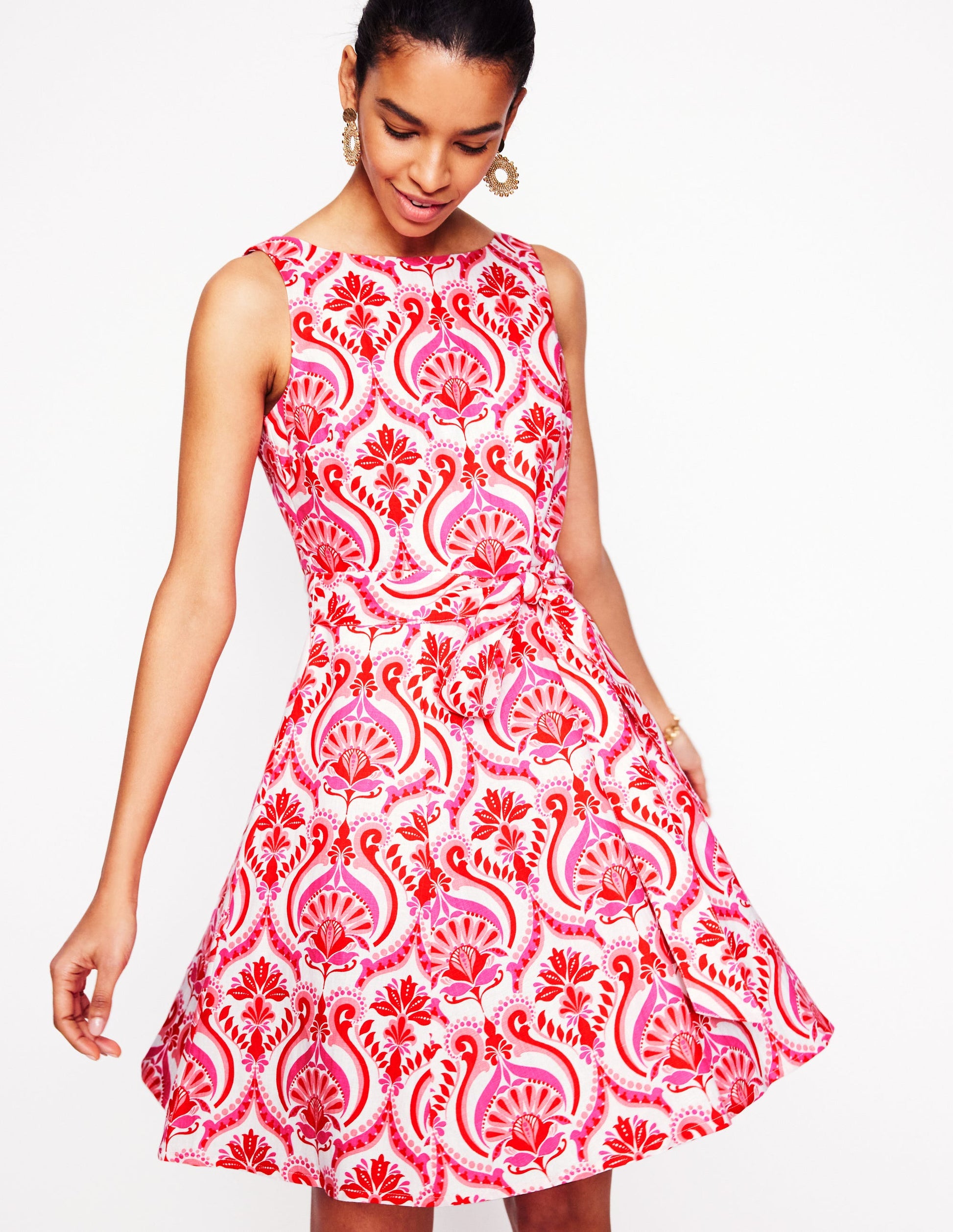 Anya Ärmelloses Leinenkleid-Mohnblumenrot, Blumenmuster mit Ornamenten-4