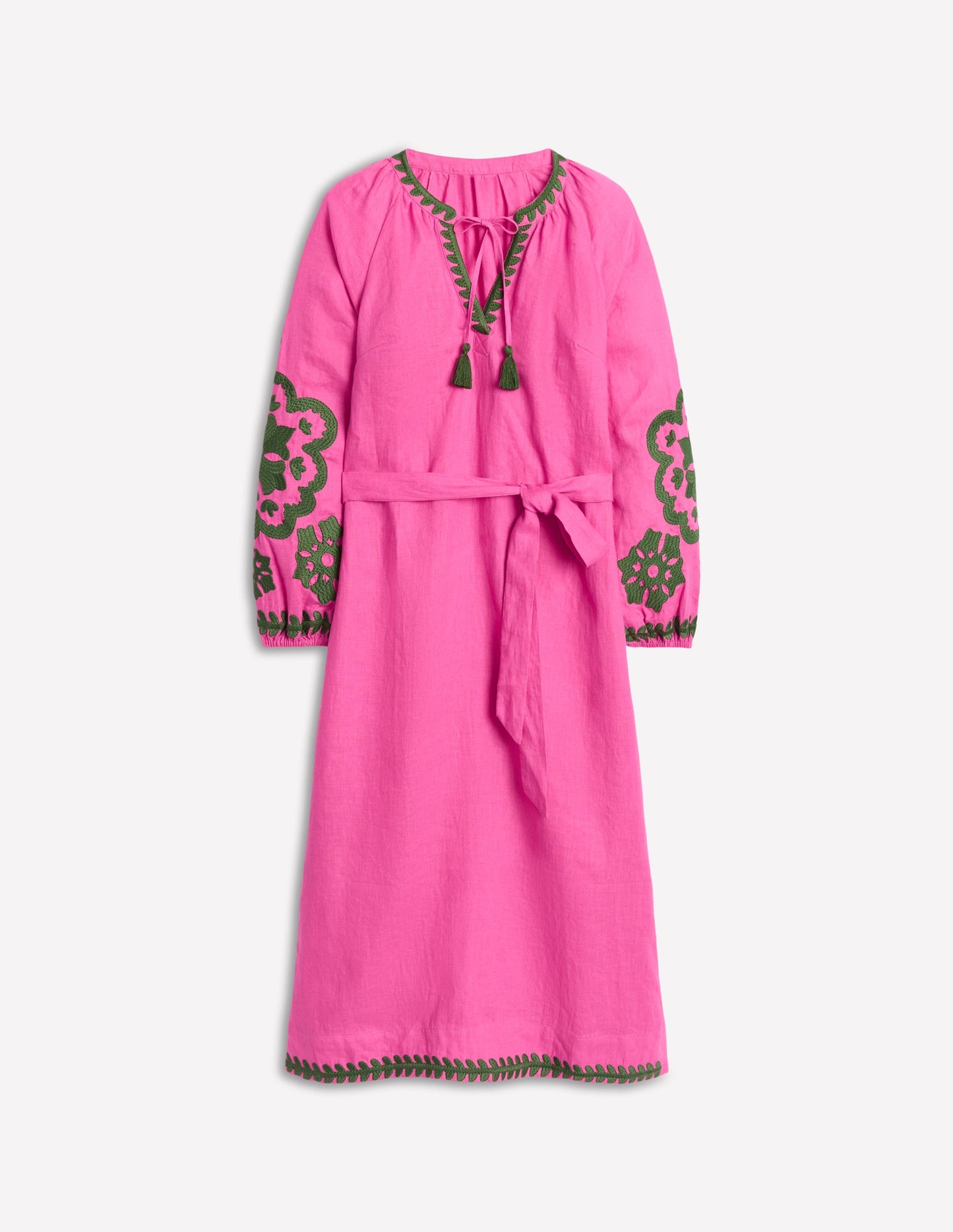 Besticktes Leinenkleid mit Quasten-Sorbet-Rosa