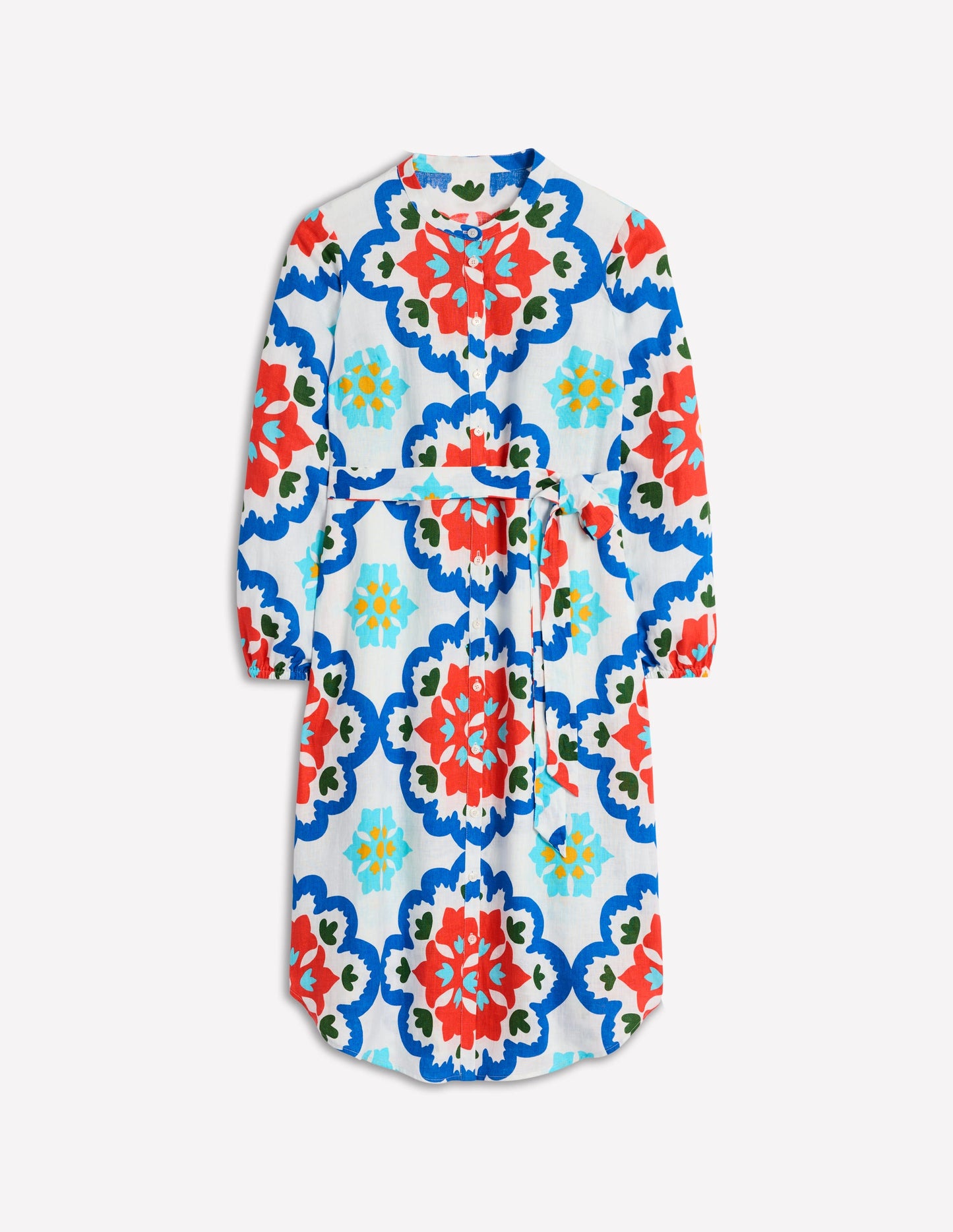 Robe-chemise droite en lin-Ivoire, motif Bloom Geo