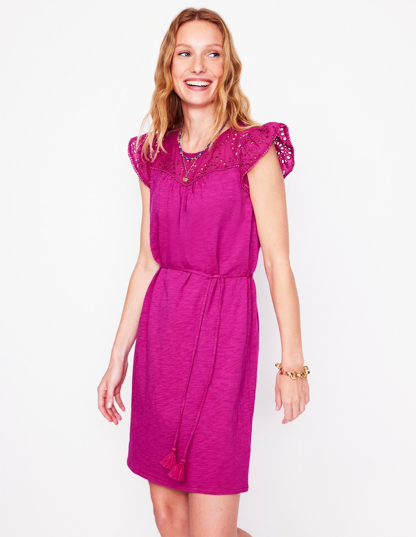 Juliet kurzes Kleid mit Lochstickerei-Fuchsie