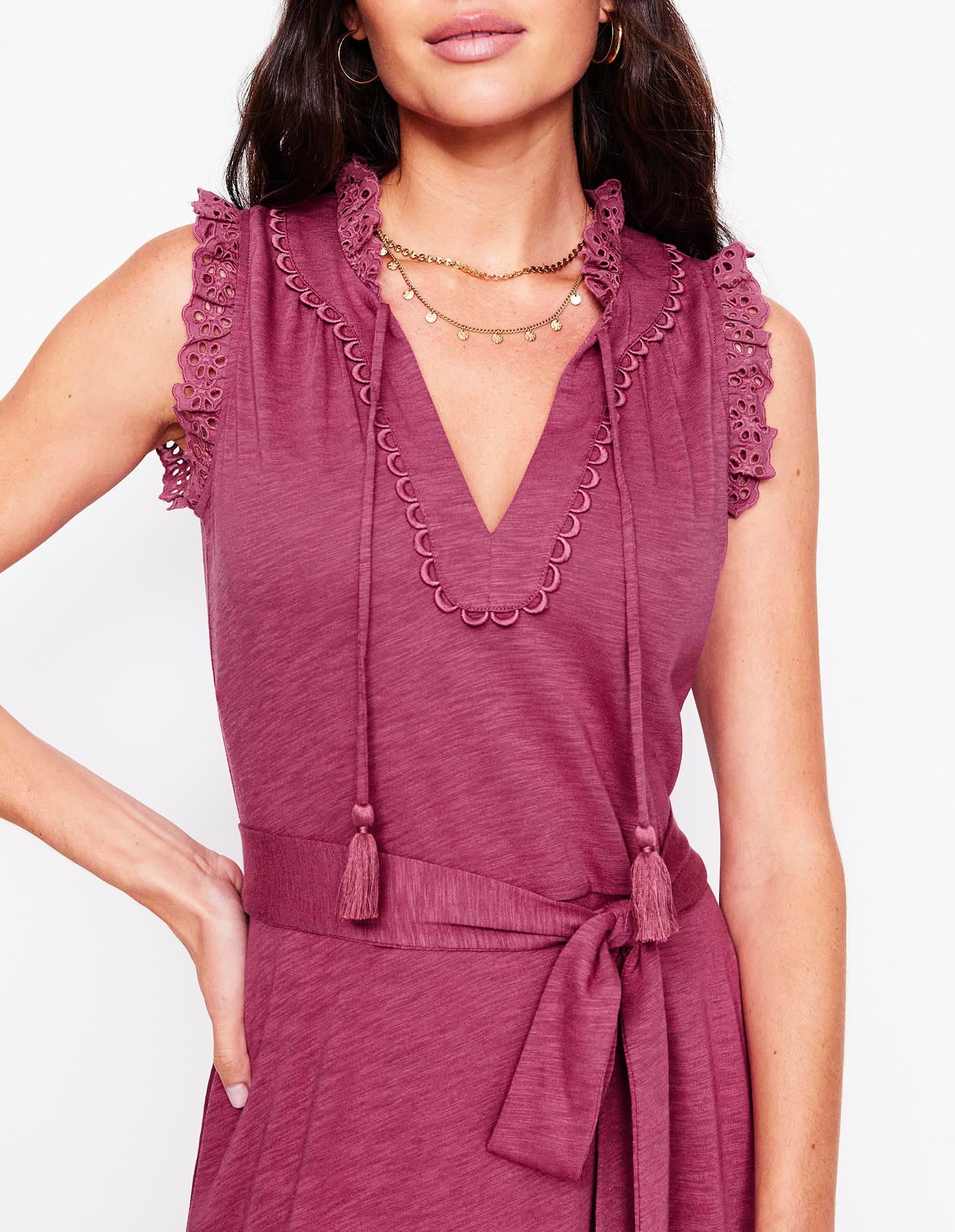 Aria Midikleid mit Lochstickerei-Besatz-Pflaumenviolett