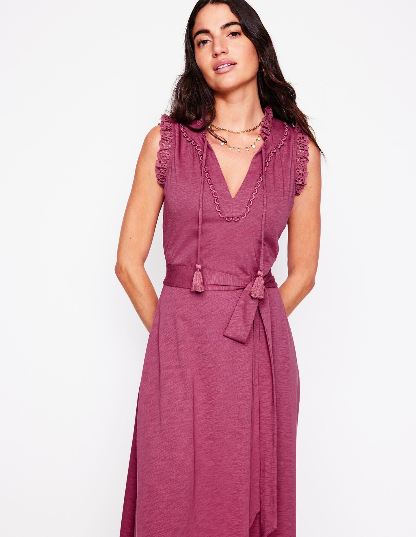 Aria Midikleid mit Lochstickerei-Besatz-Pflaumenviolett