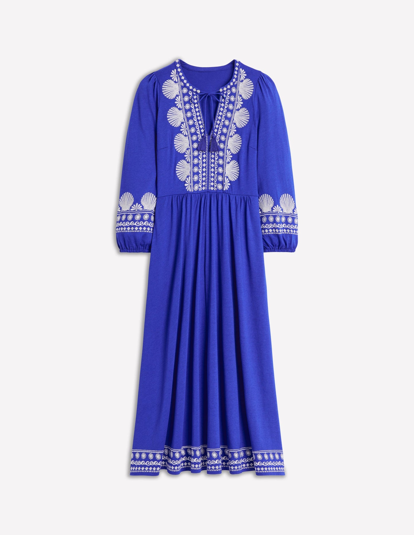 Robe brodée à col cranté-Bleu connecté, ivoire