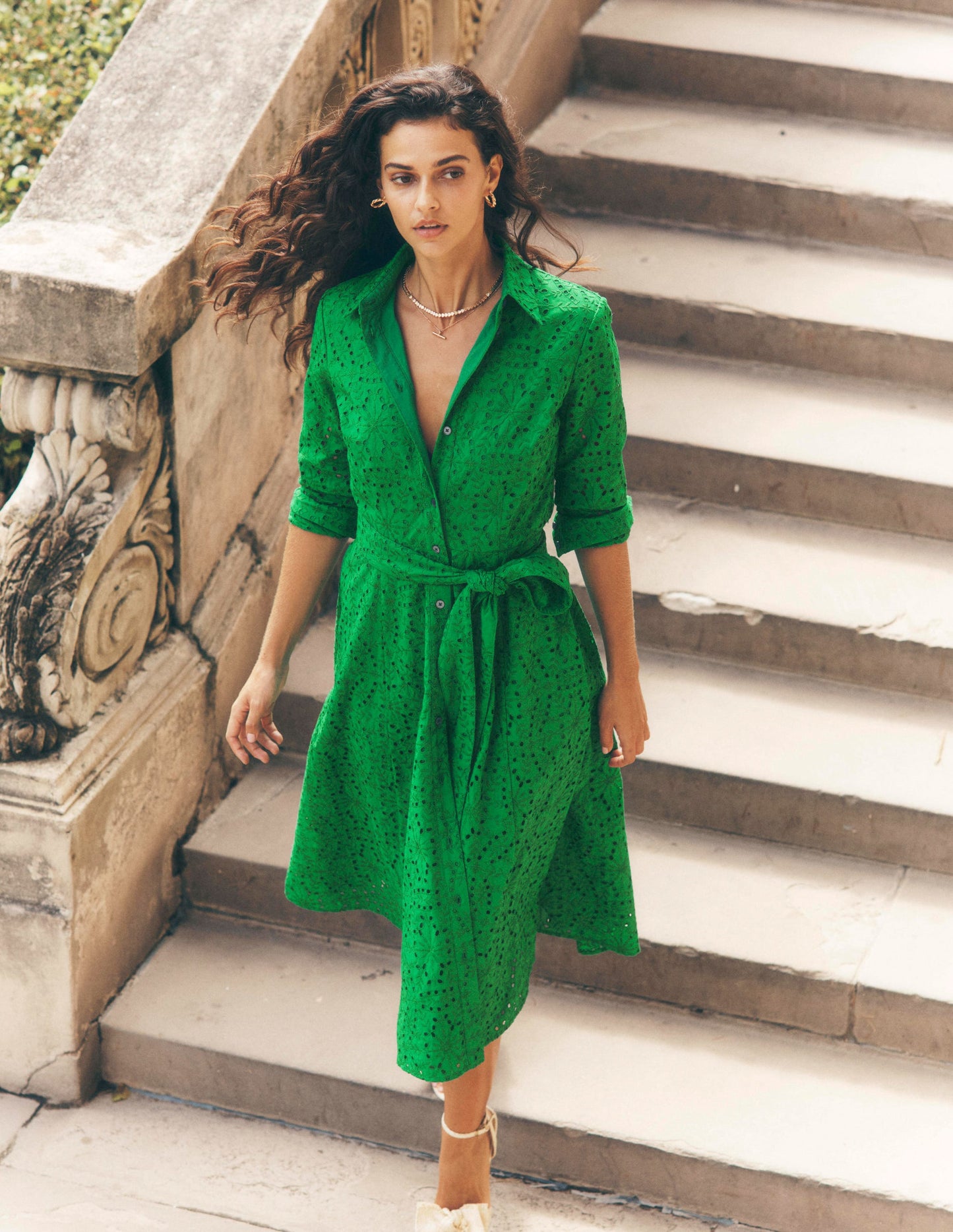 Amy Midi-Hemdblusenkleid mit Lochstickerei-Grünes Tamburin