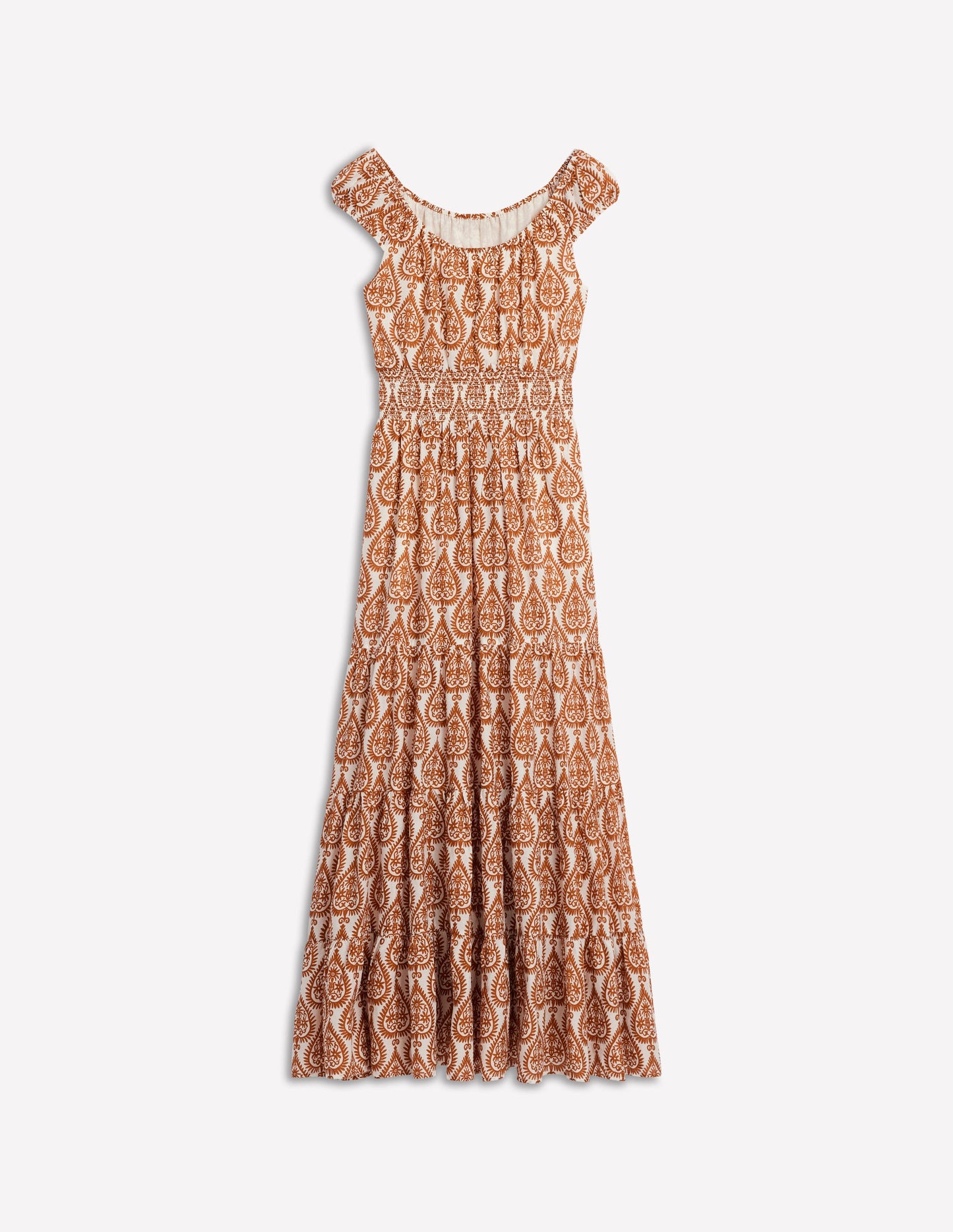 Robe volantée à col U en coton-Cognac, motif Ornate Geo