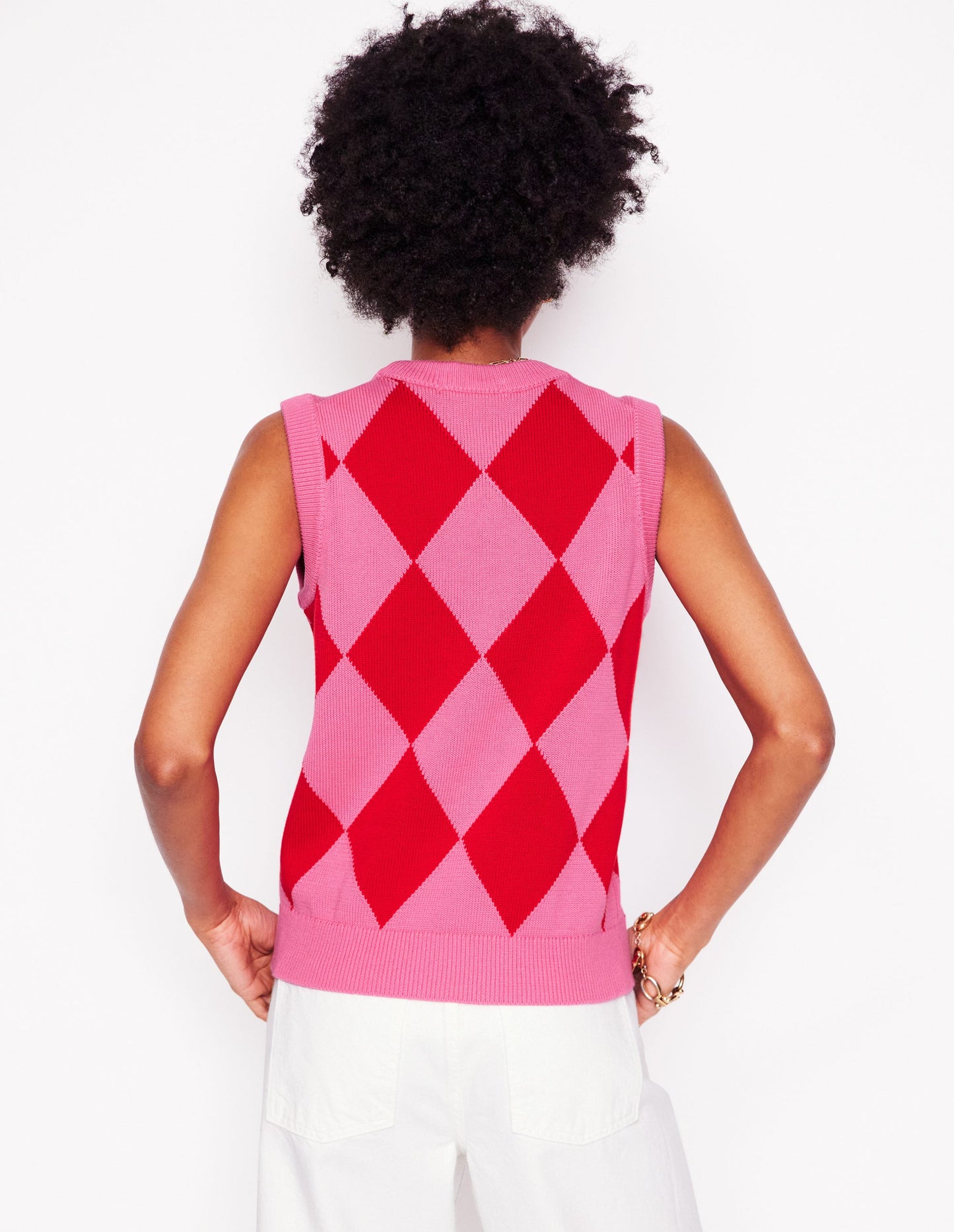 Argyle-Pullunder aus Baumwolle-Rosarot und Mohnblumenrot Argyle